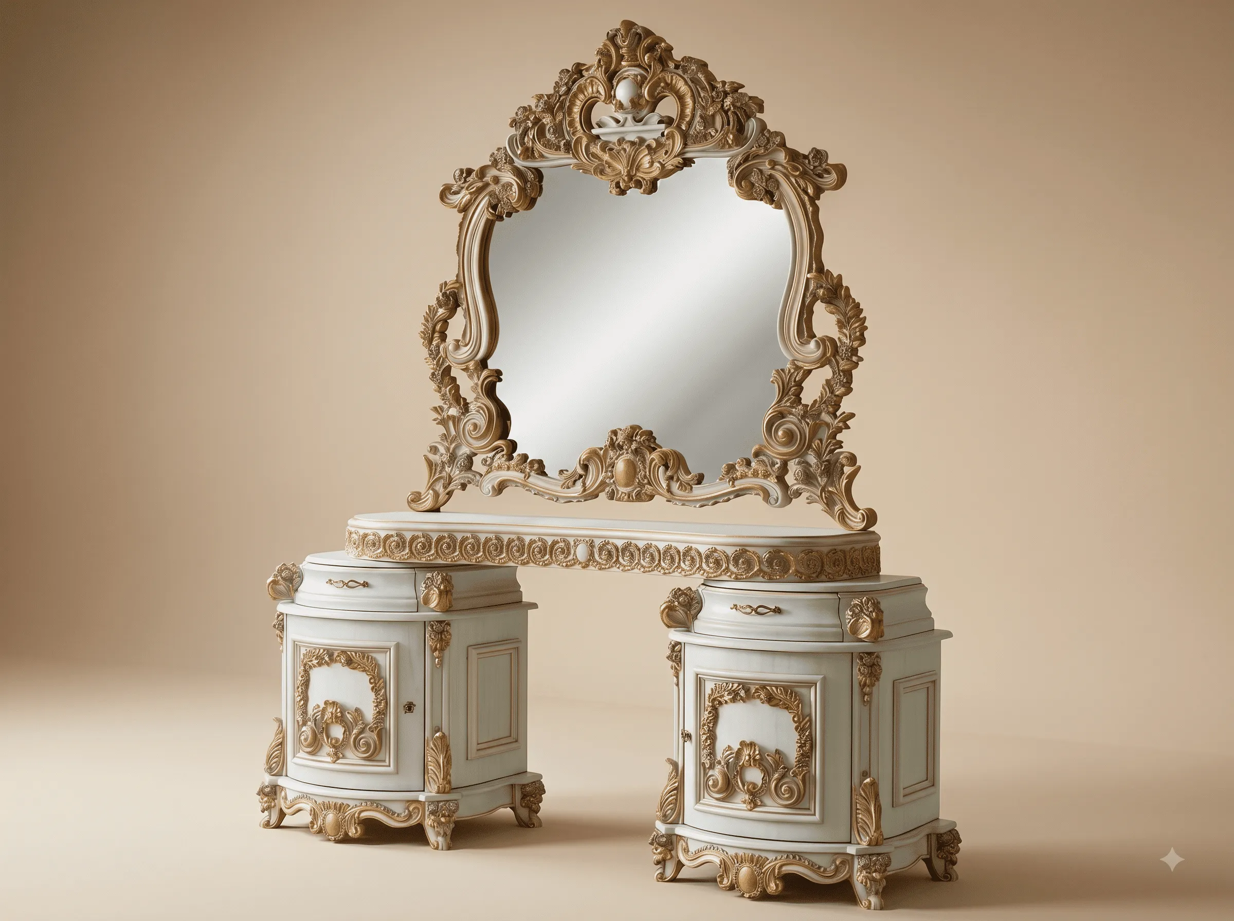 Dressing Table with Storage in Carved Teak - White and Gold Pedestals