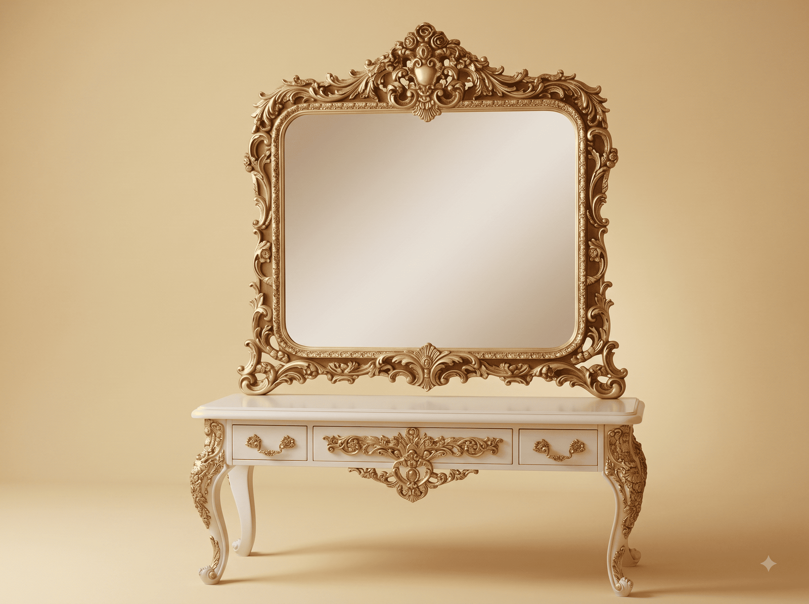 Dressing Table with Large Mirror in Carved Teak - White and Gold Console