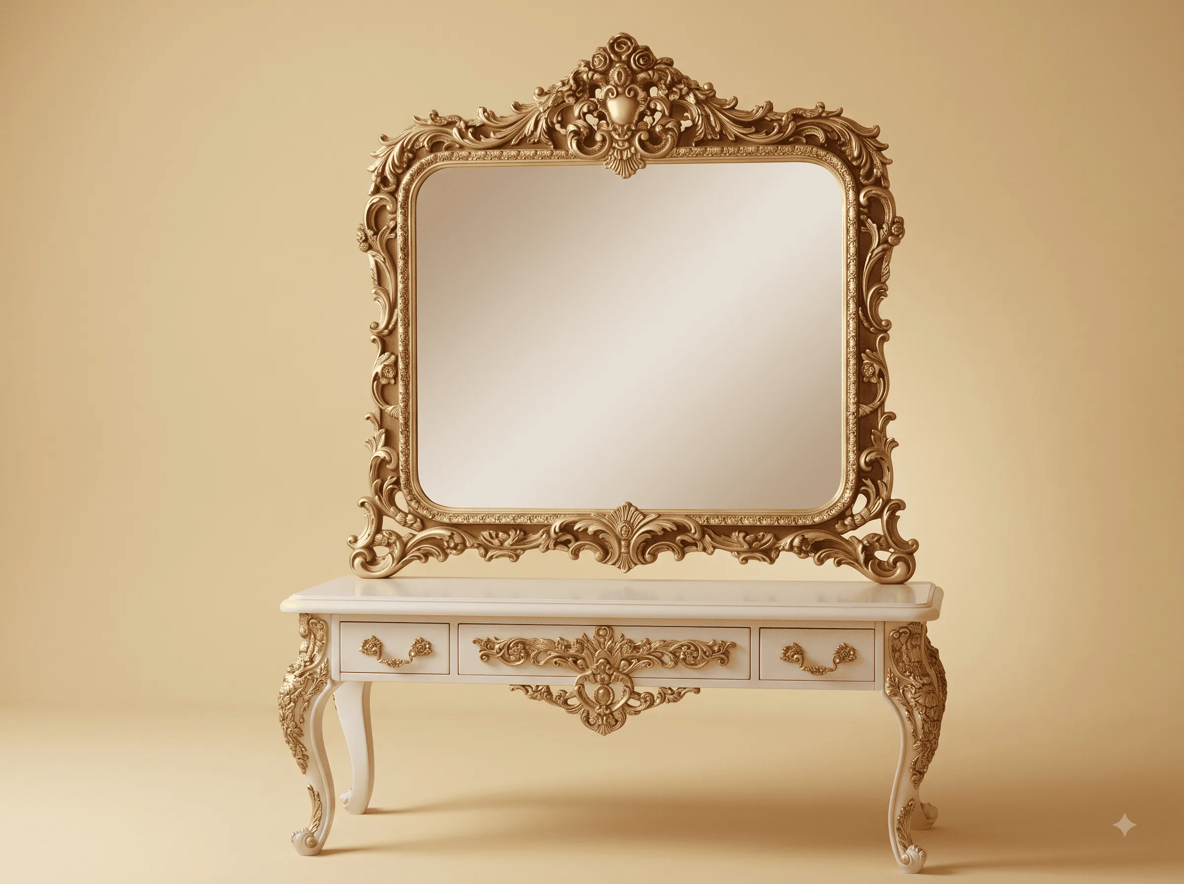 Dressing Table with Large Mirror in Carved Teak - White and Gold Console