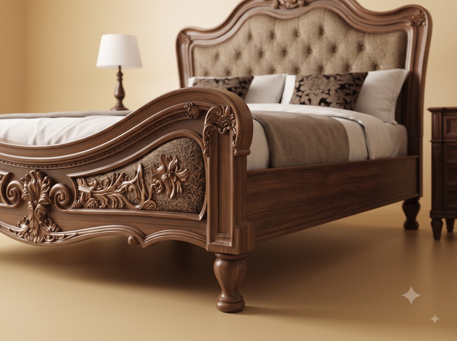 Classic Bed Design in Carved Teak - Linen Headboard in Warm Brown - Image 3