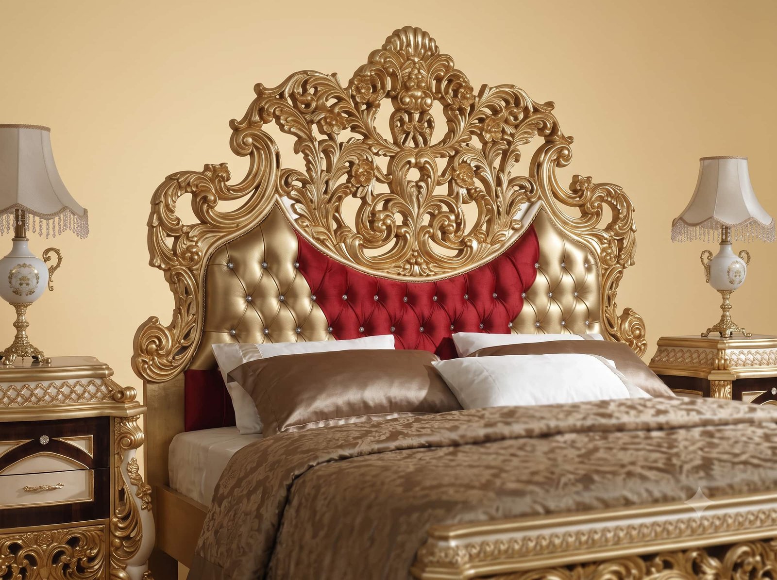 Red Velvet Bed in Carved Teak - Gold Openwork Footboard and Crest - Image 4