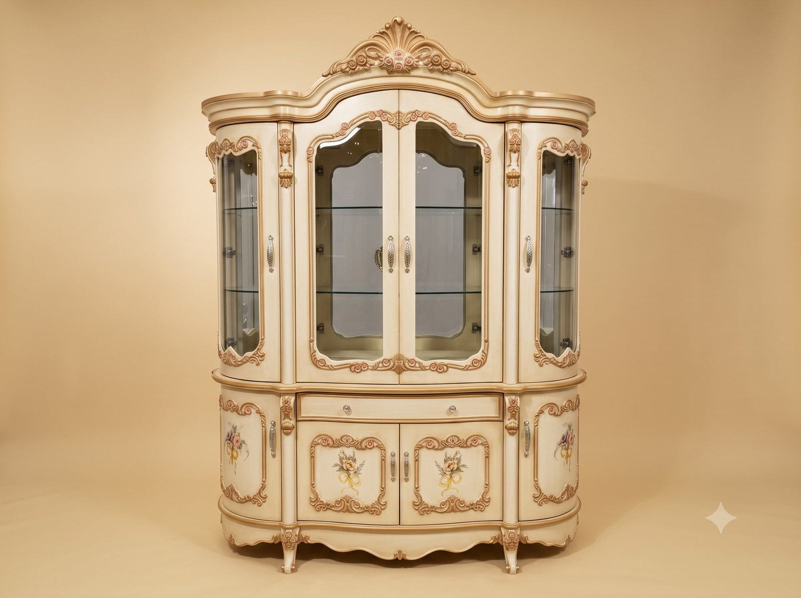 Antique Showcase in Cream and Gold with Painted Base Panels - Image 1