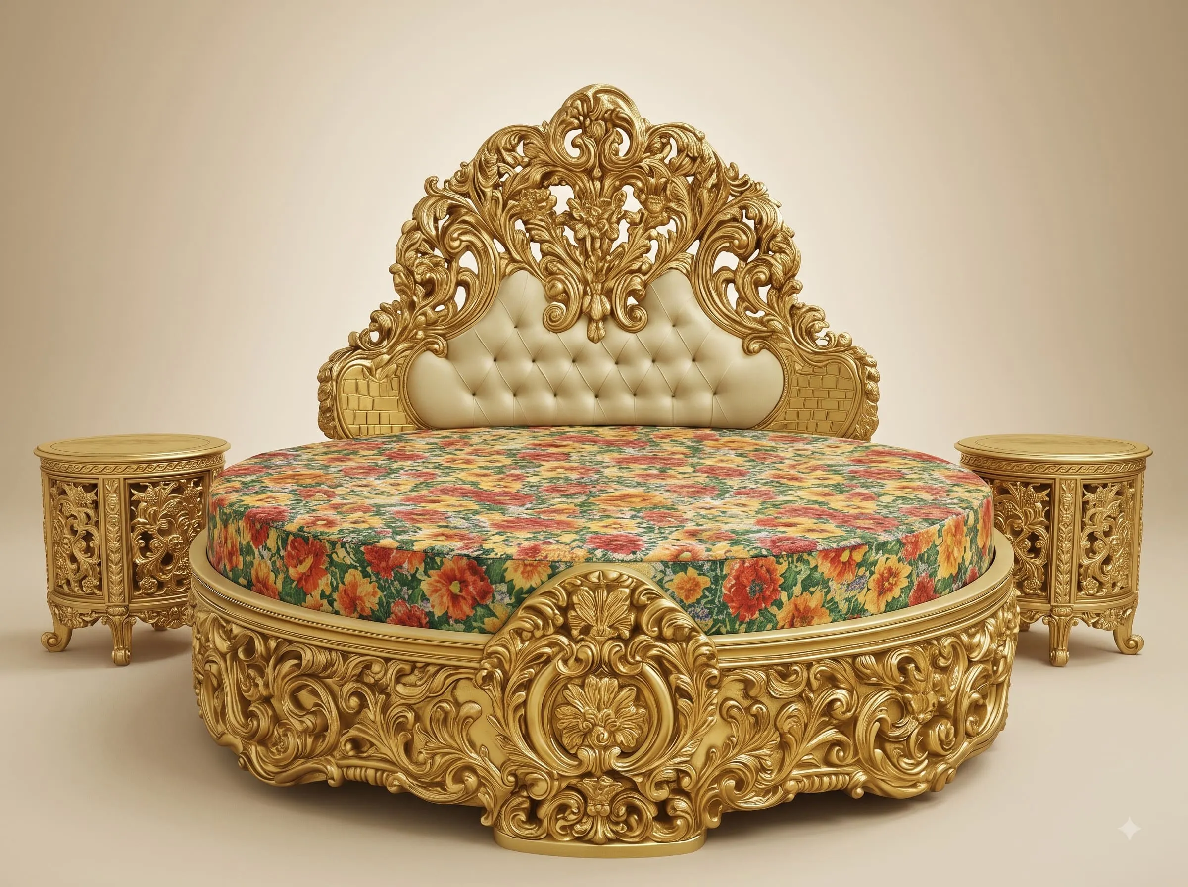 Round King Size Bed in Carved Teak - Gold Base with Tufted Headboard