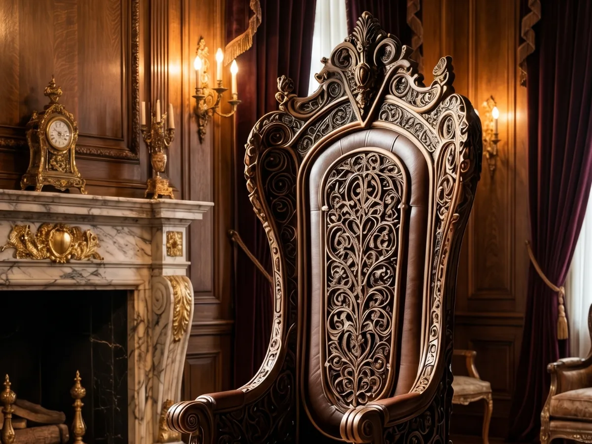  Vine Filigree High Back Chair | Brown Leather &amp; Dark Teak
