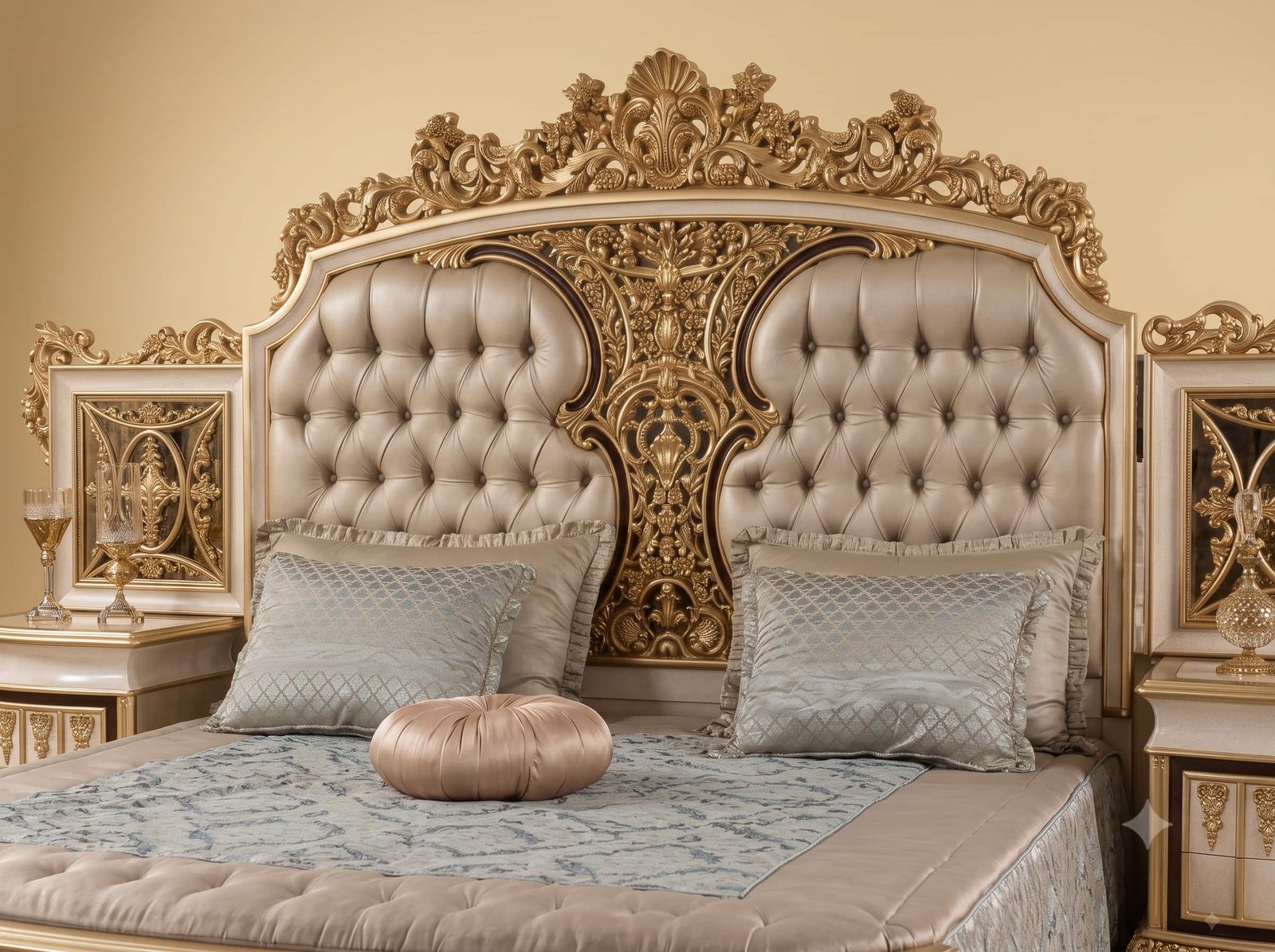 Ivory and Gold Bedroom Set in Carved Teak - King Bed with Attached Chests - Image 3