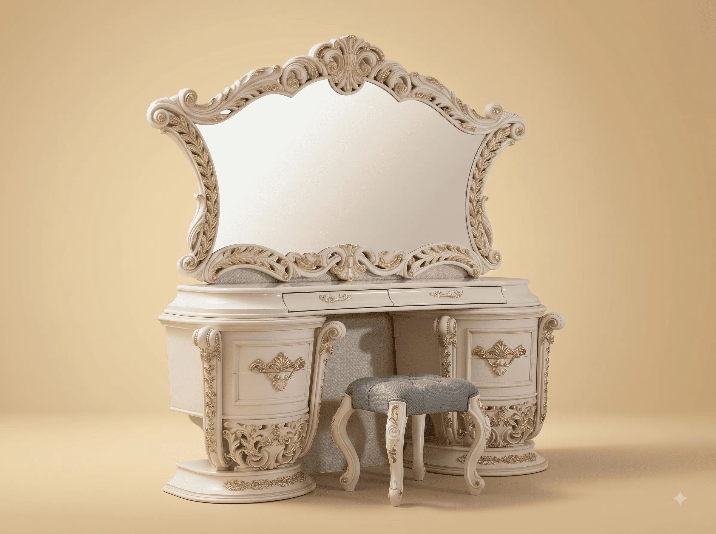 Carved Dressing Table in Solid Teak - Ivory with Upholstered Knee Panel