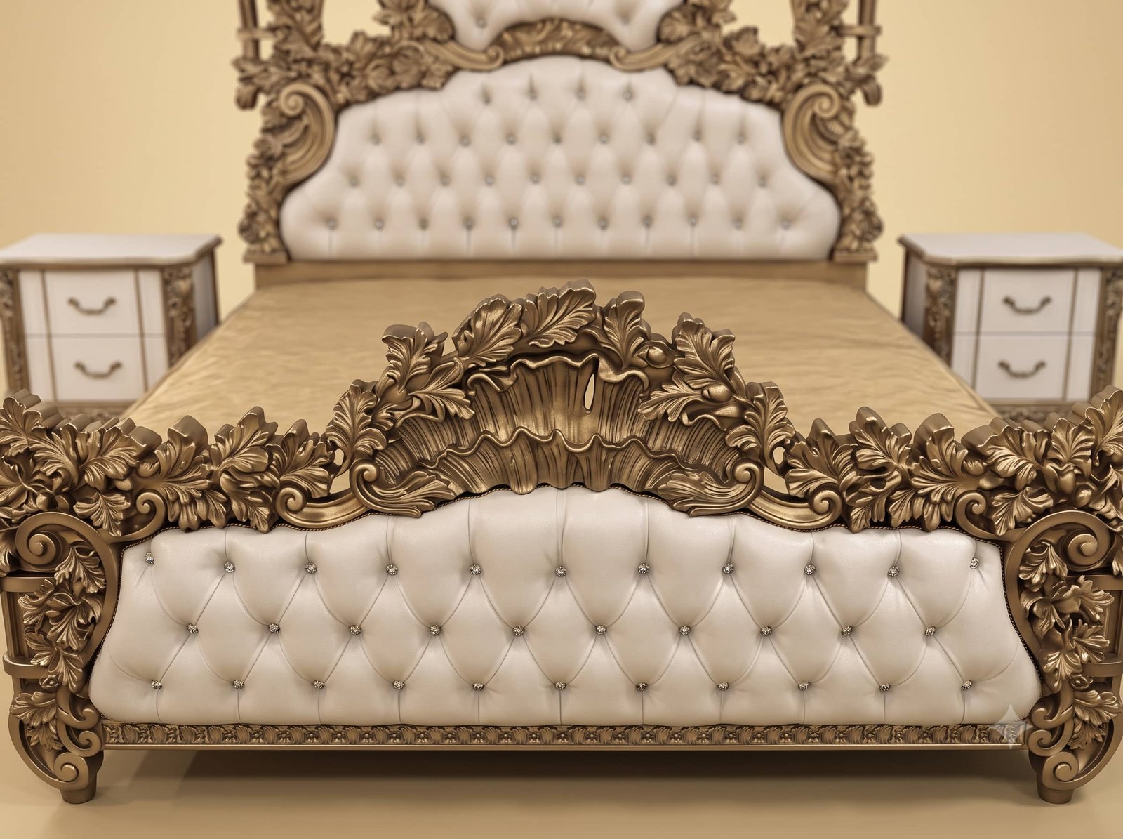 Antique Bed Design in Carved Teak - Vine Carving with Tufted Panels - Image 2