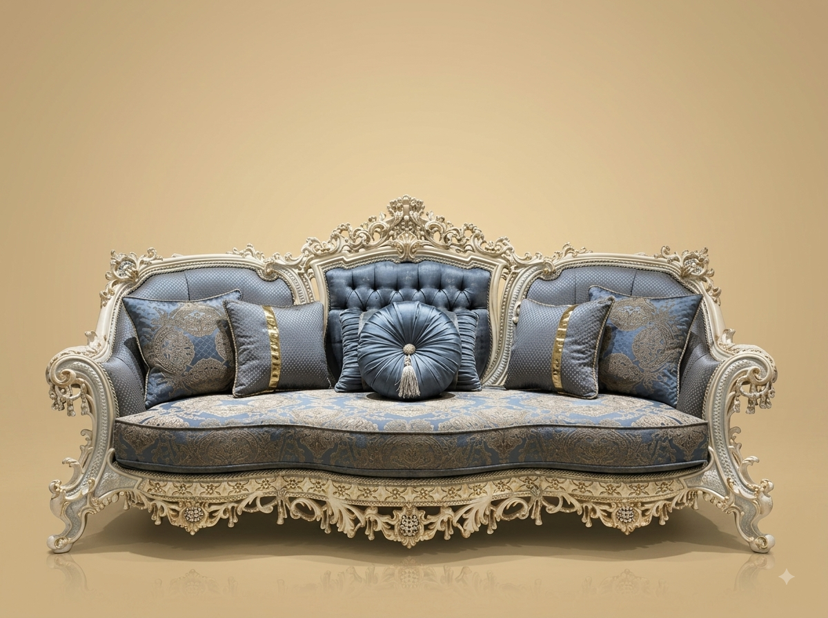Royal Luxury Handcrafted Carved Teak 3 Seater Sofa Set | Blue and Ivory Tufted