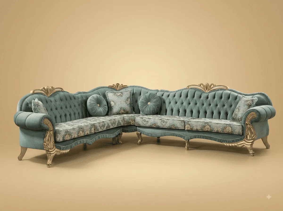 Velvet Sofa Set in Carved Teak - Sage Corner with Pleated Skirt
