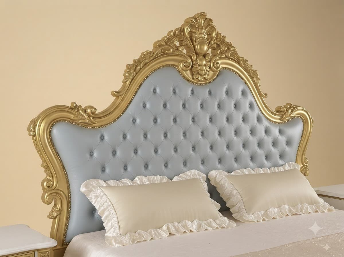 Gold and Grey King Size Bed - Carved Teak with Tufted Headboard - Image 4