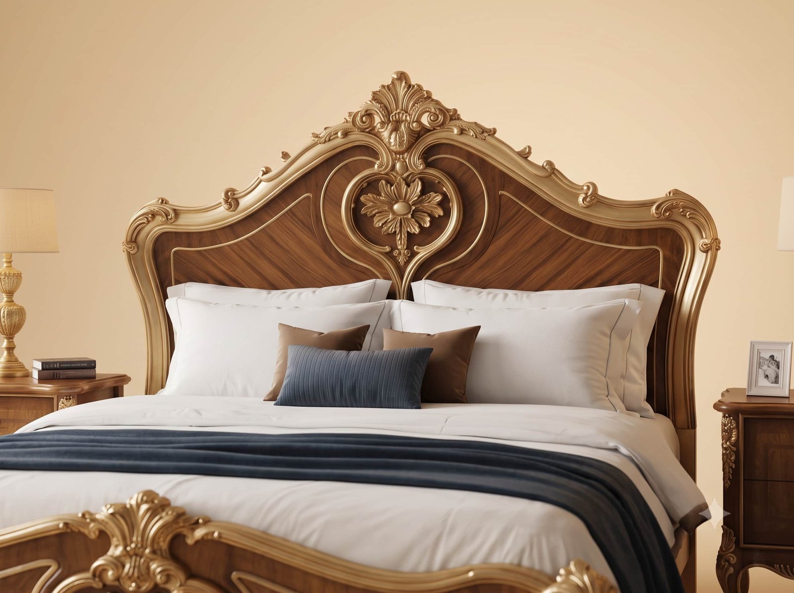 Wooden Bed Design in Carved Teak - Natural Wood Panels with Gold Trim - Image 4