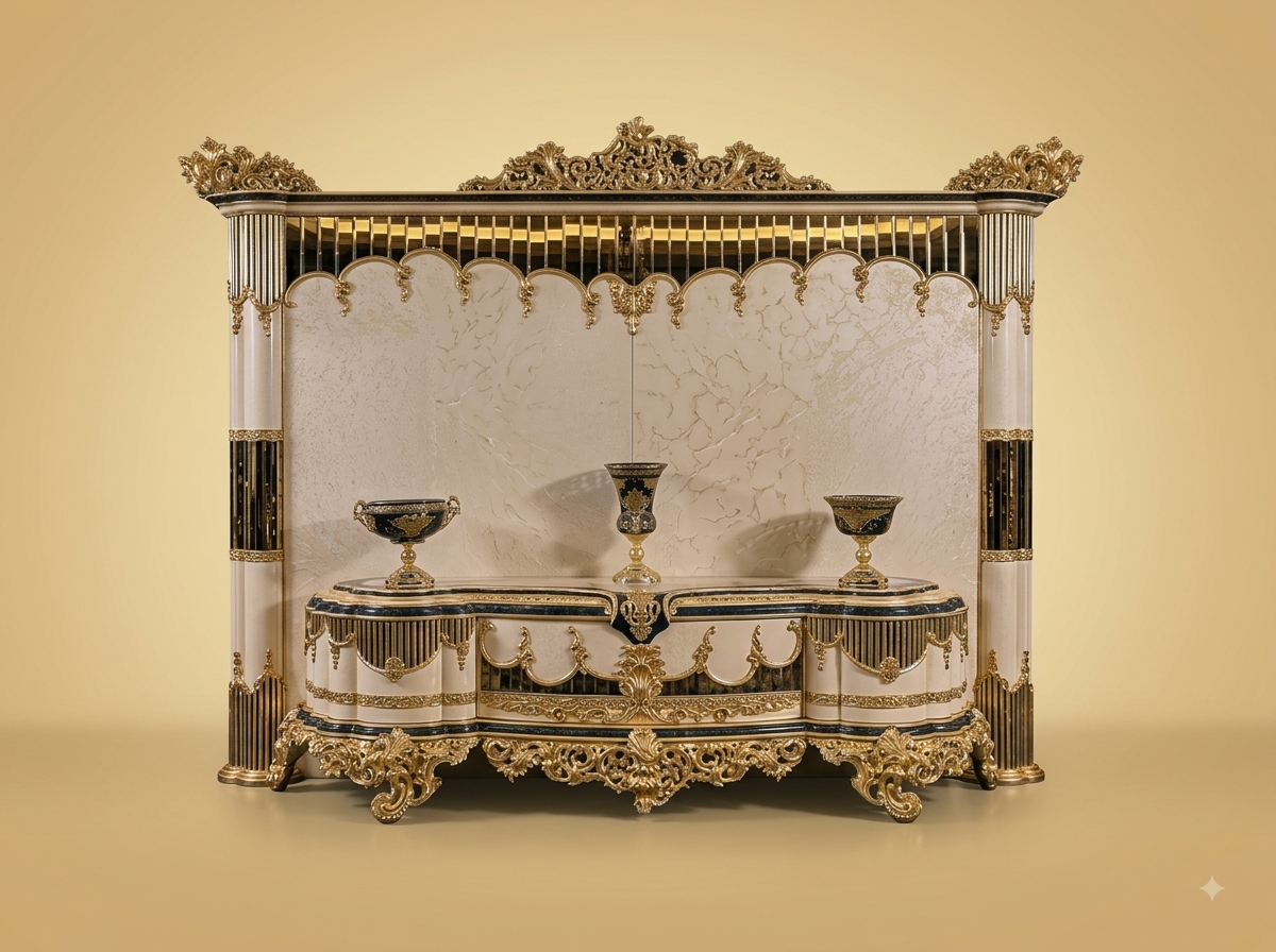 Handcrafted Teak Wood TV Unit Wall | Ivory and Gold Palace Luxury Design