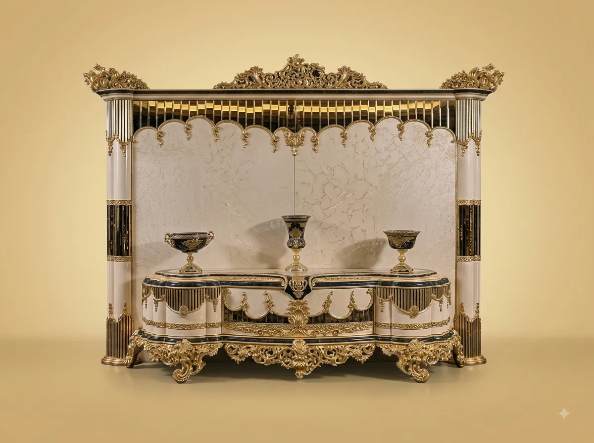 Handcrafted Teak Wood TV Unit Wall | Ivory and Gold Palace Luxury Design