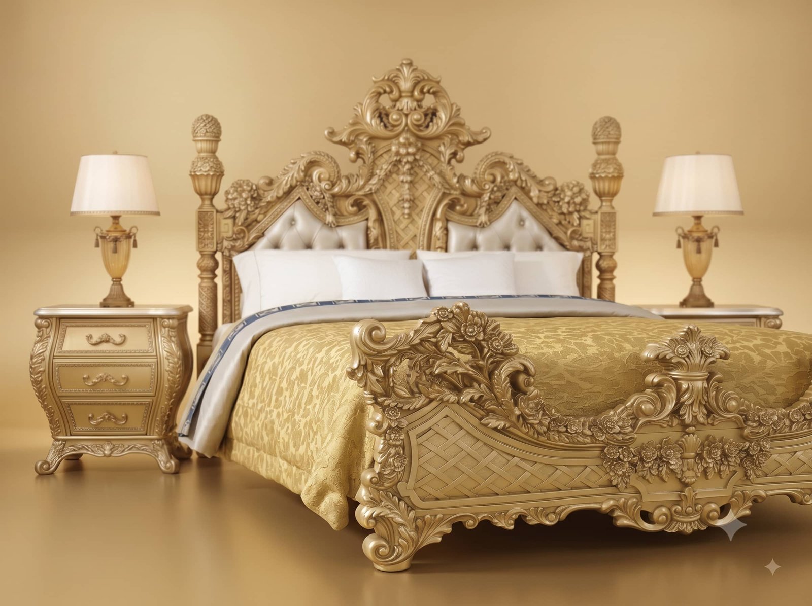 Wooden Cot Design in Carved Teak - Champagne with Carved Lattice Foot - Image 2