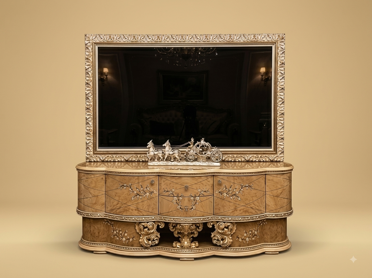 Handcrafted Teak Wood TV Unit with Carved Frame | Golden Luxury Console Design