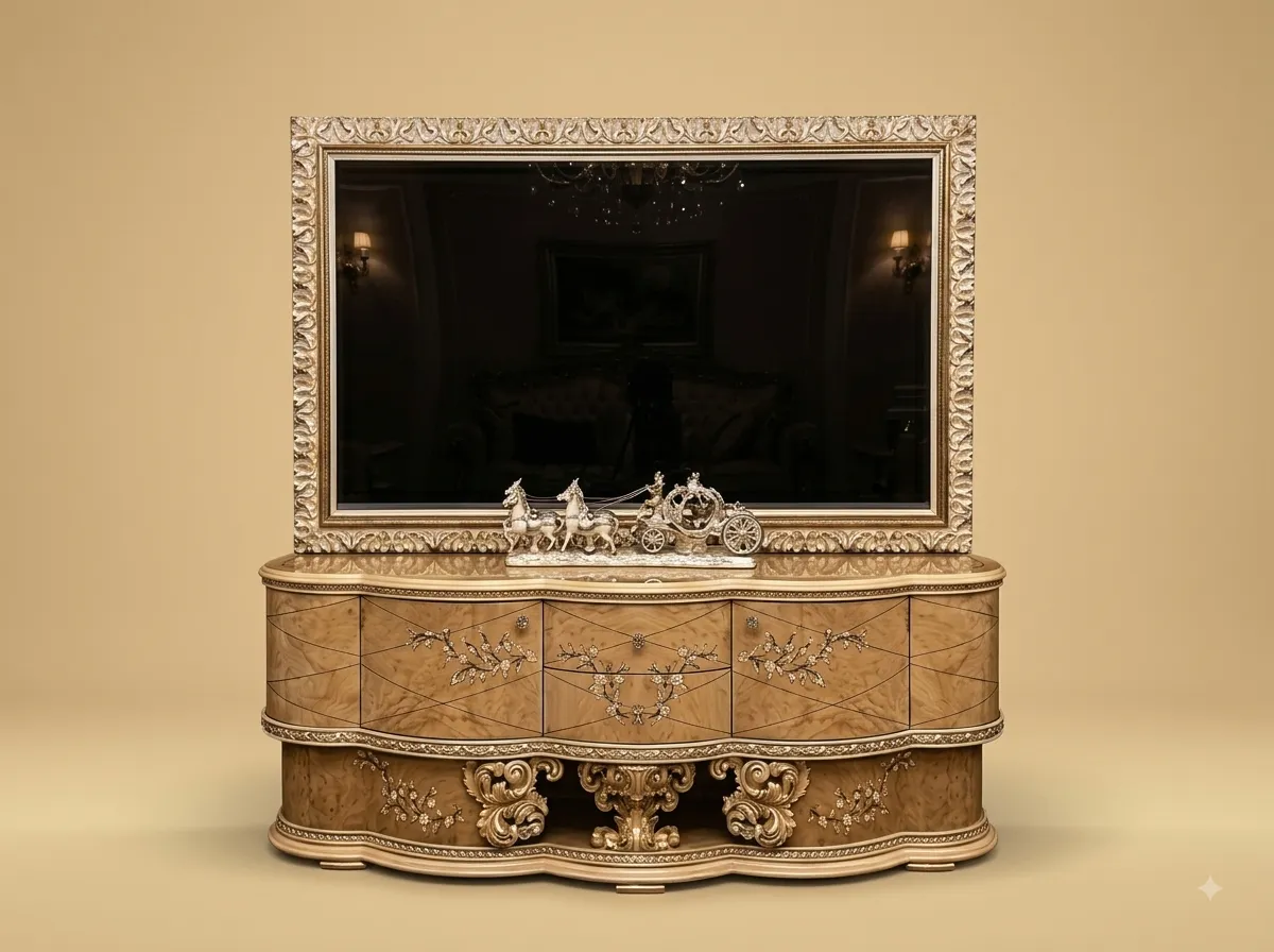 Handcrafted Teak Wood TV Unit with Carved Frame | Golden Luxury Console Design