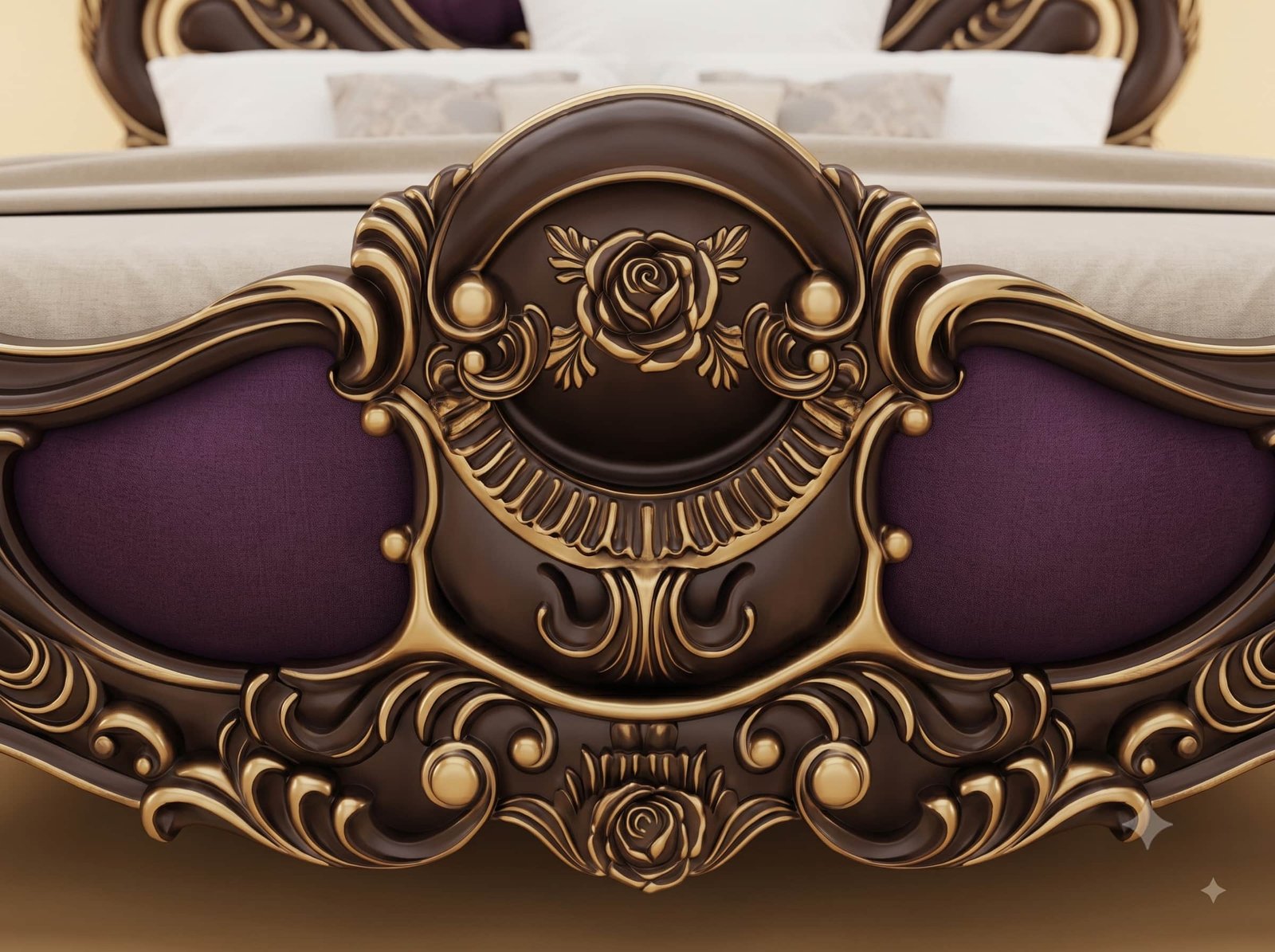 Plum Bed Design in Carved Teak - Dark Chocolate Frame with Gold Edges - Image 4