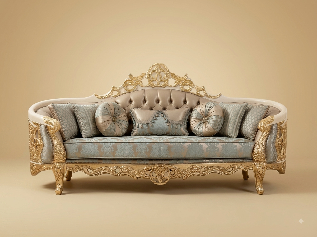 Royal Luxury Carved Teak Wood 3 Seater Curved Sofa | Sage and Gold Tufted