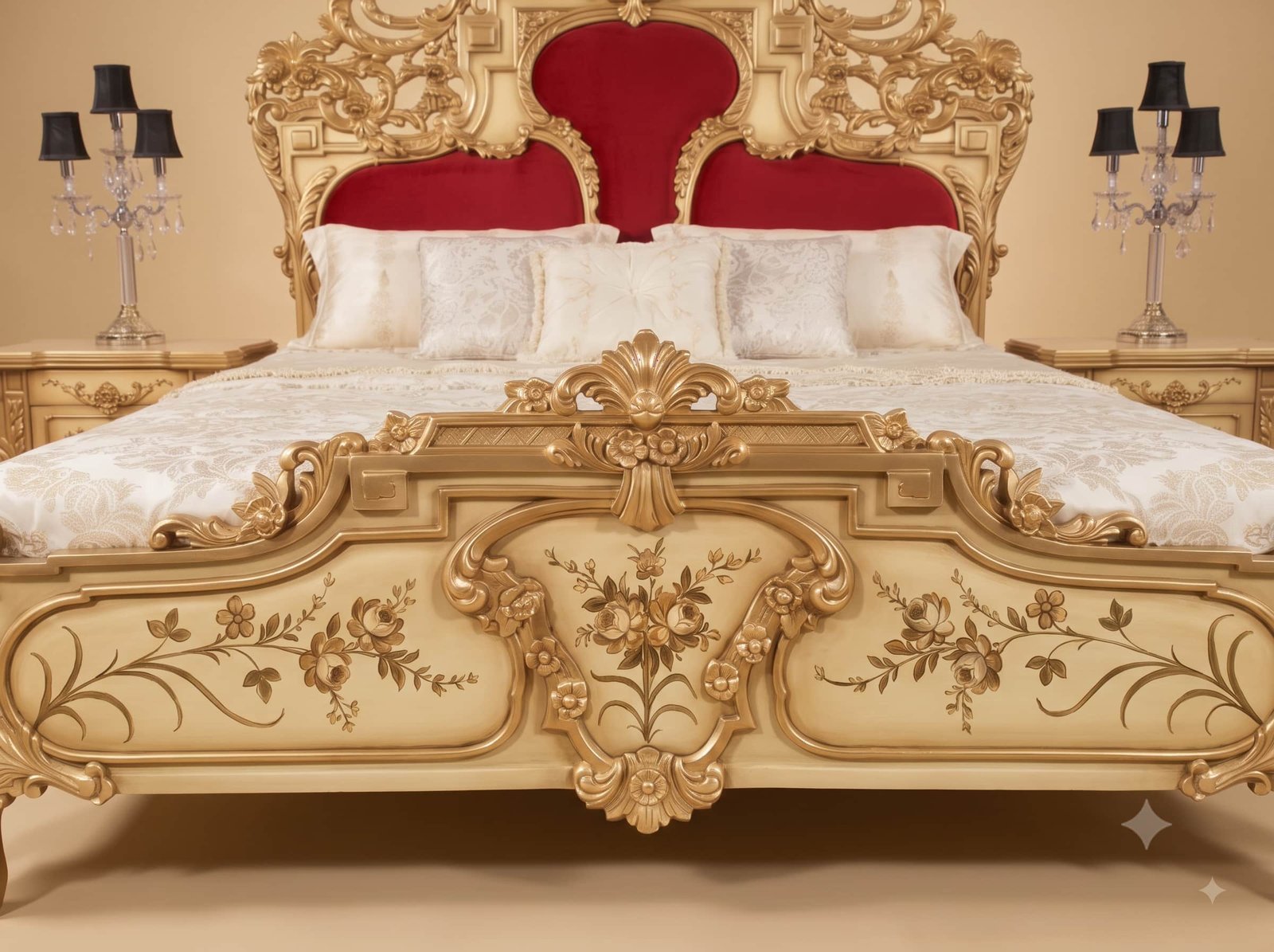 Hand Painted Bed in Carved Teak - Ivory and Gold with Red Panels - Image 3