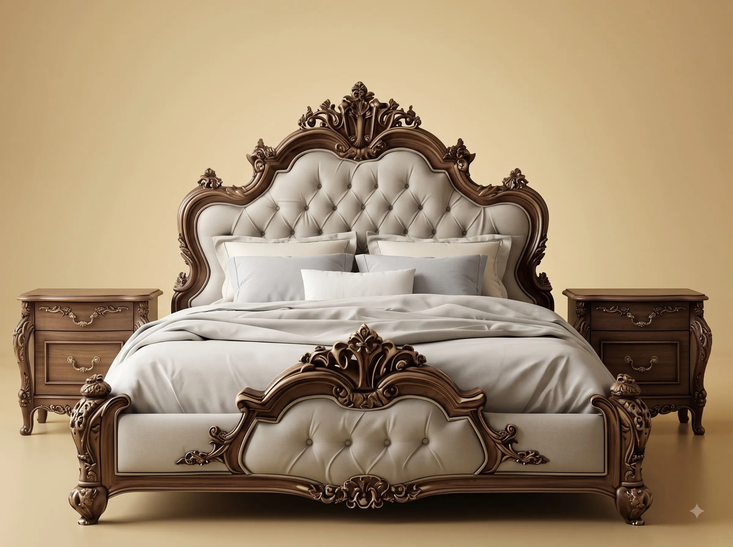 Grey Bed Design in Carved Teak - Walnut Frame with Tufted Panels