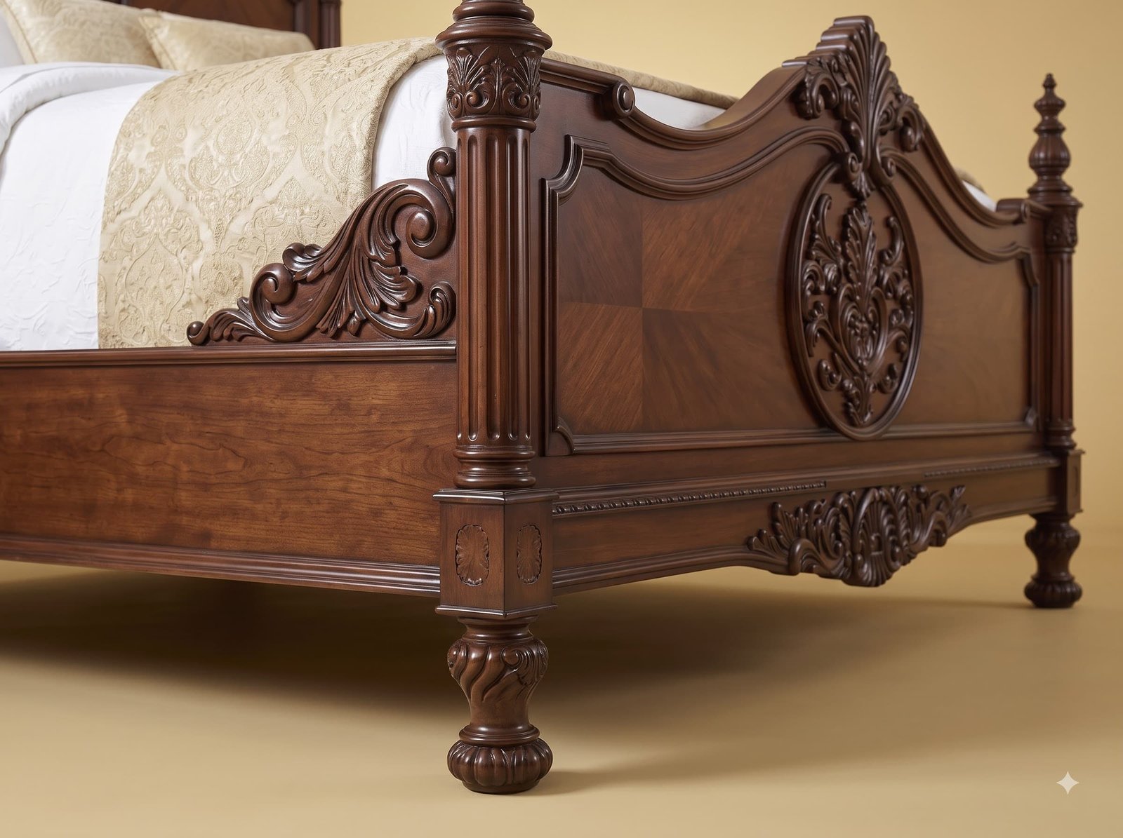 Poster Bed in Carved Teak - Walnut Finish with Arched Crown Headboard - Image 2