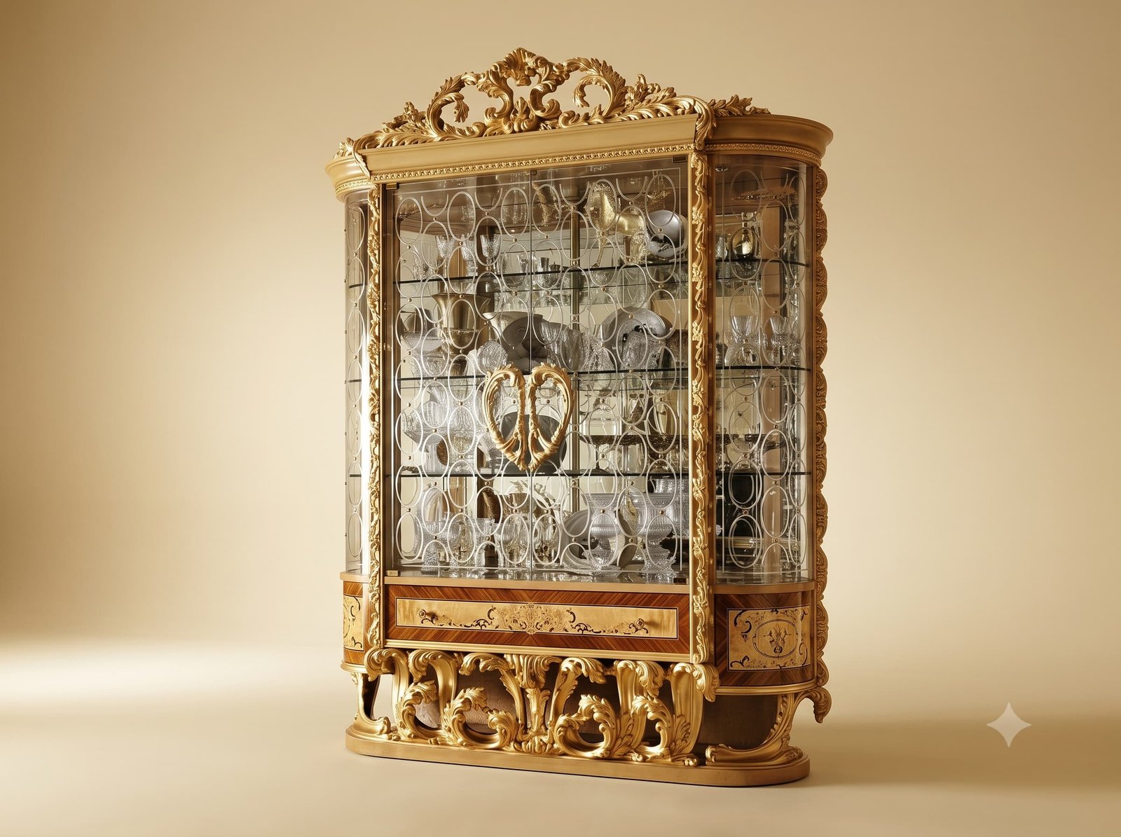 Royal Showcase in Gilded Teak with Mirrored Back and Inlaid Drawers