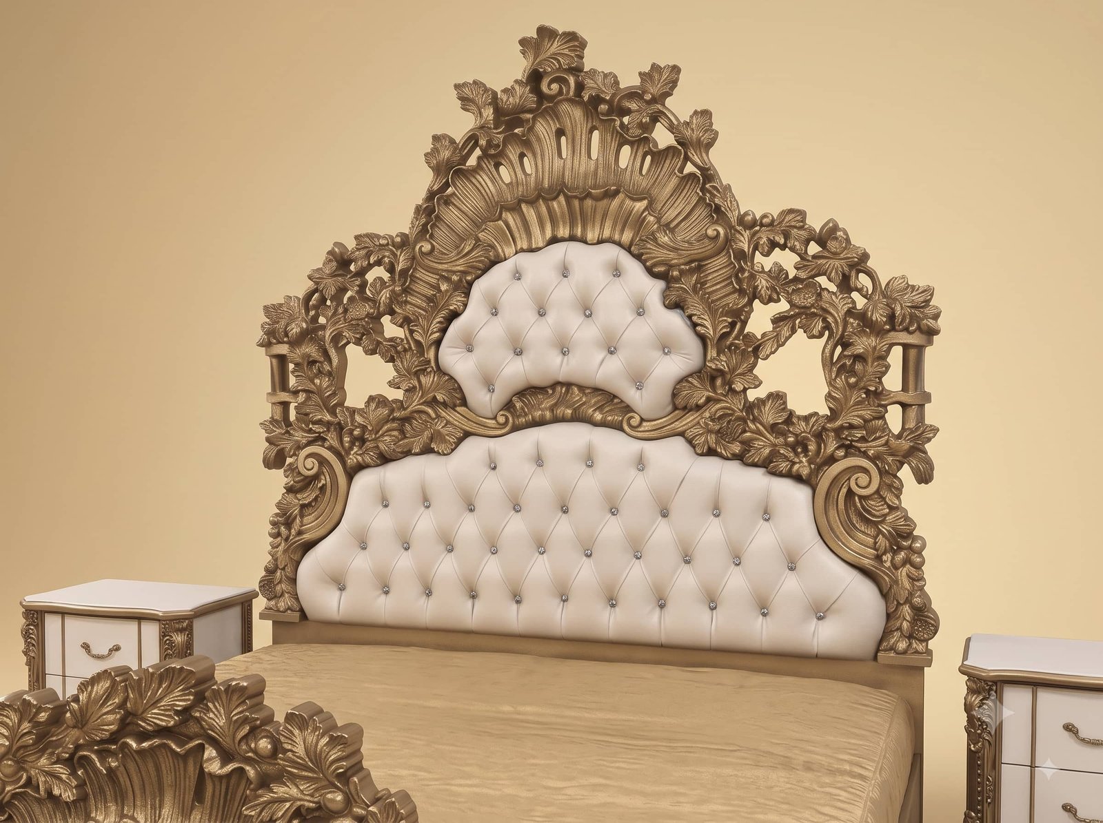 Antique Bed Design in Carved Teak - Vine Carving with Tufted Panels - Image 3
