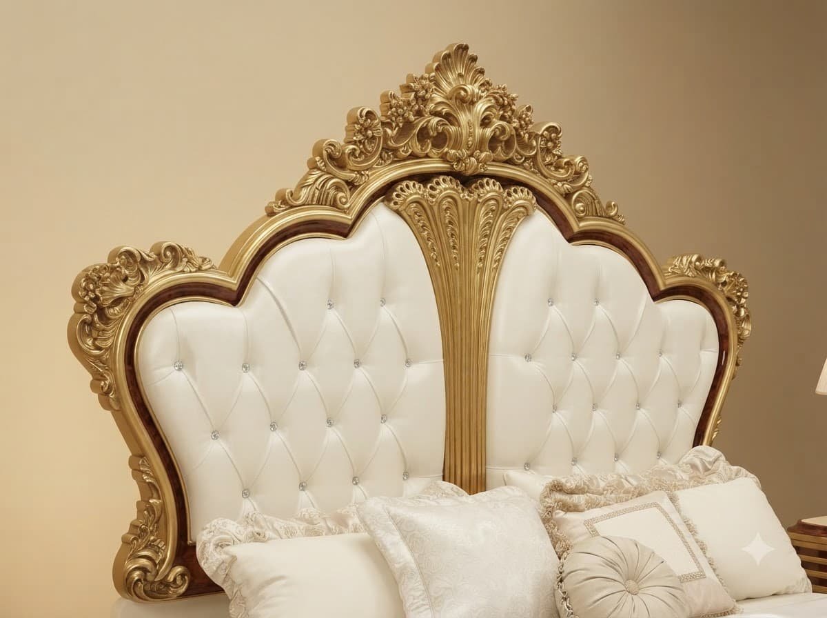 King Size Bed with Storage in Carved Teak - Gold and Mahogany - Image 4