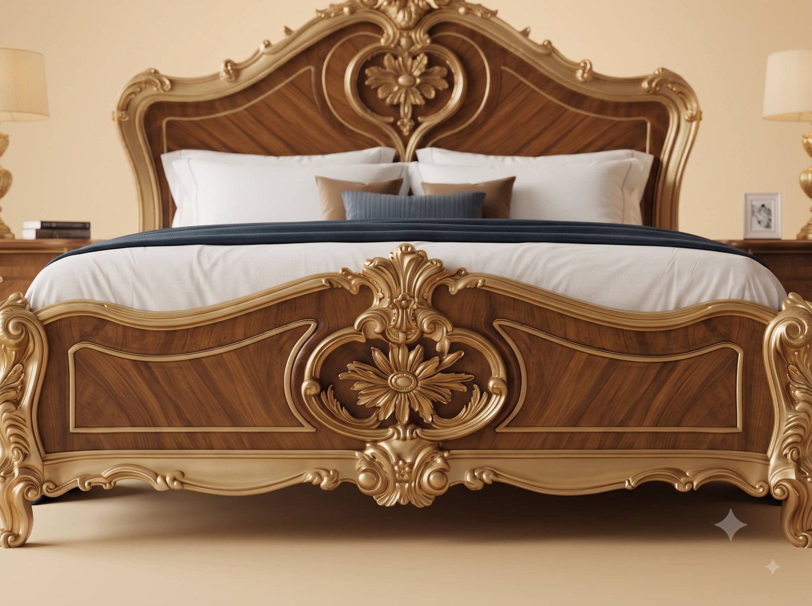 Wooden Bed Design in Carved Teak - Natural Wood Panels with Gold Trim - Image 3