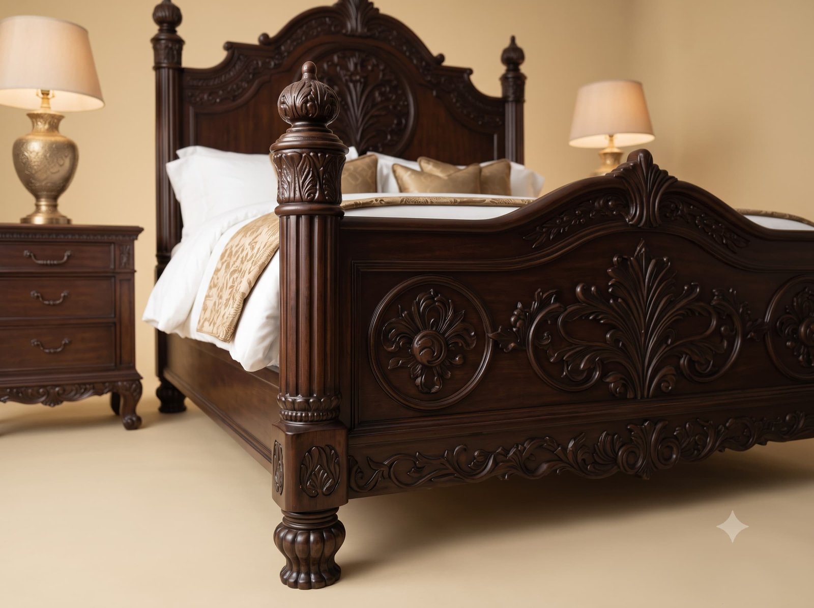 Dark Wood Bed Design in Carved Teak - Espresso with Post Finials - Image 2