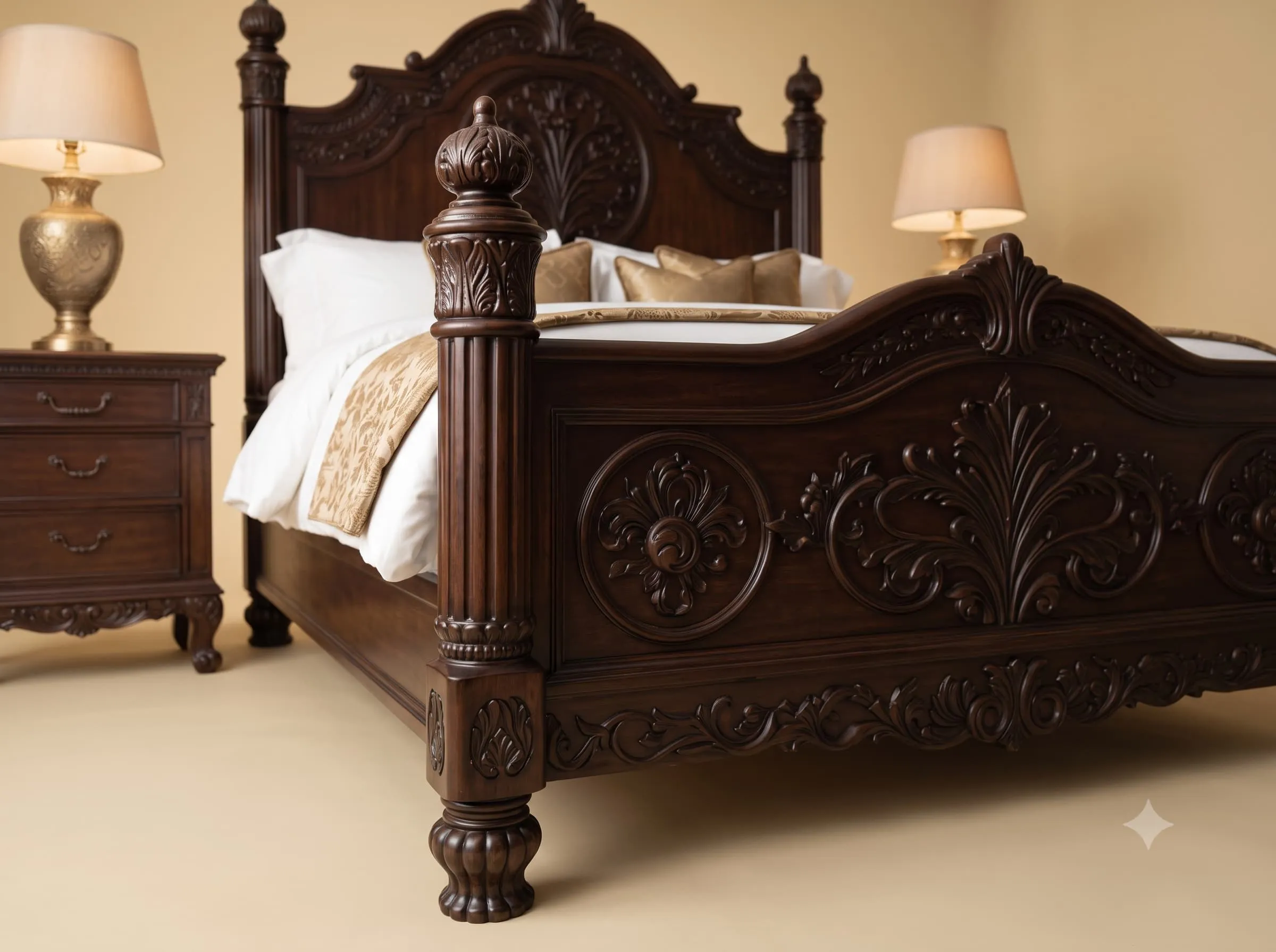 Dark Wood Bed Design in Carved Teak - Espresso with Post Finials