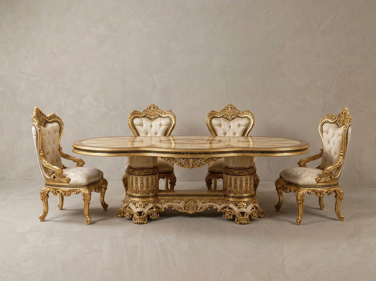 Ivory and Gold Tufted Royal Dining Table Set – Hand-Carved Teak Wood, 6-Seater