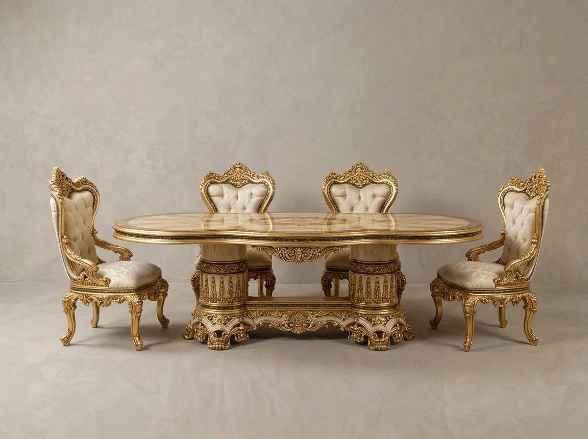 Ivory and Gold Tufted Royal Dining Table Set – Hand-Carved Teak Wood, 6-Seater