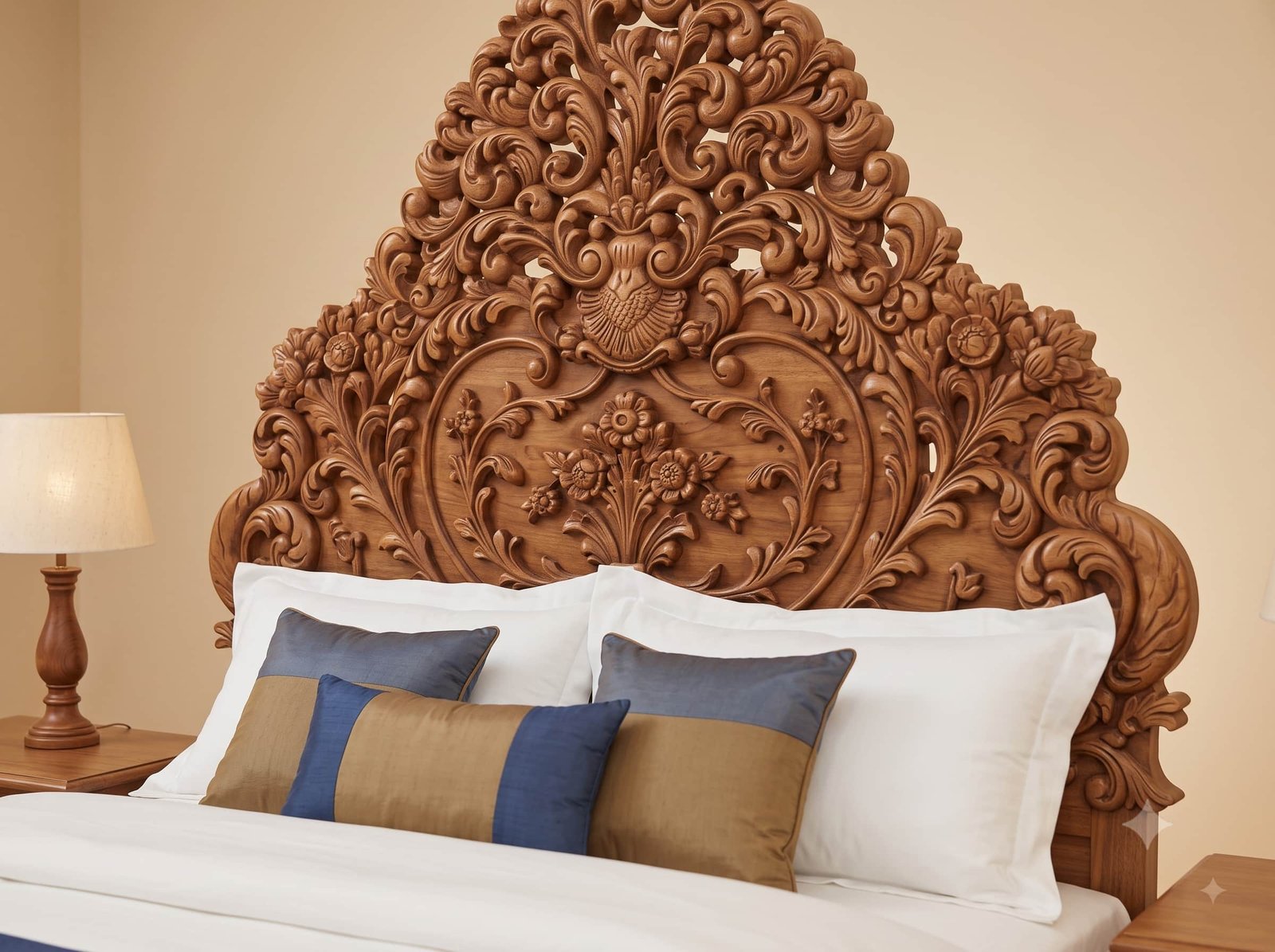 Solid Teak Bed in Natural Finish - Tall Pierced Headboard with Flowers - Image 4