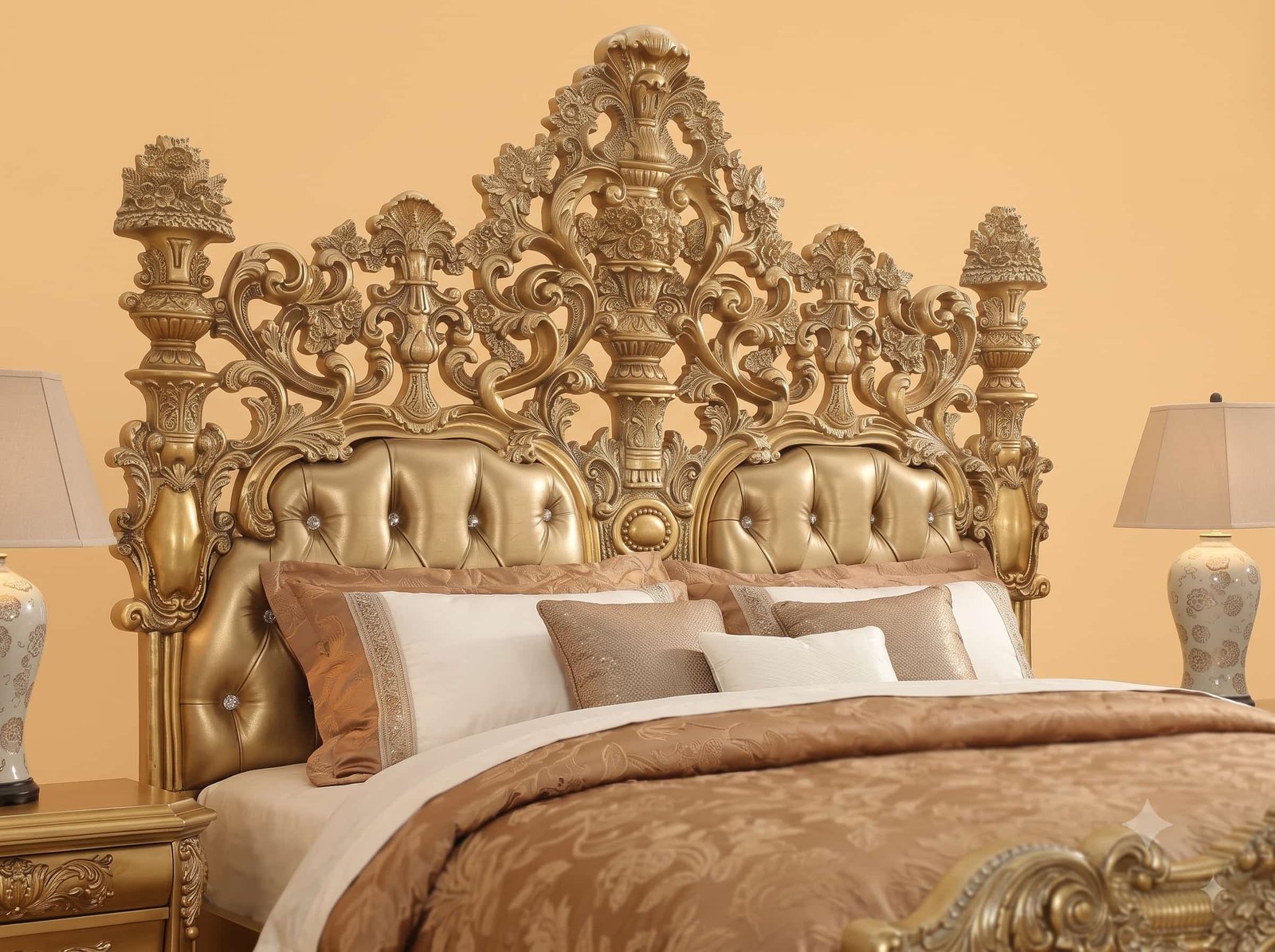 Baroque Bed in Carved Teak - Gold Finish with Greek Key Borders - Image 3