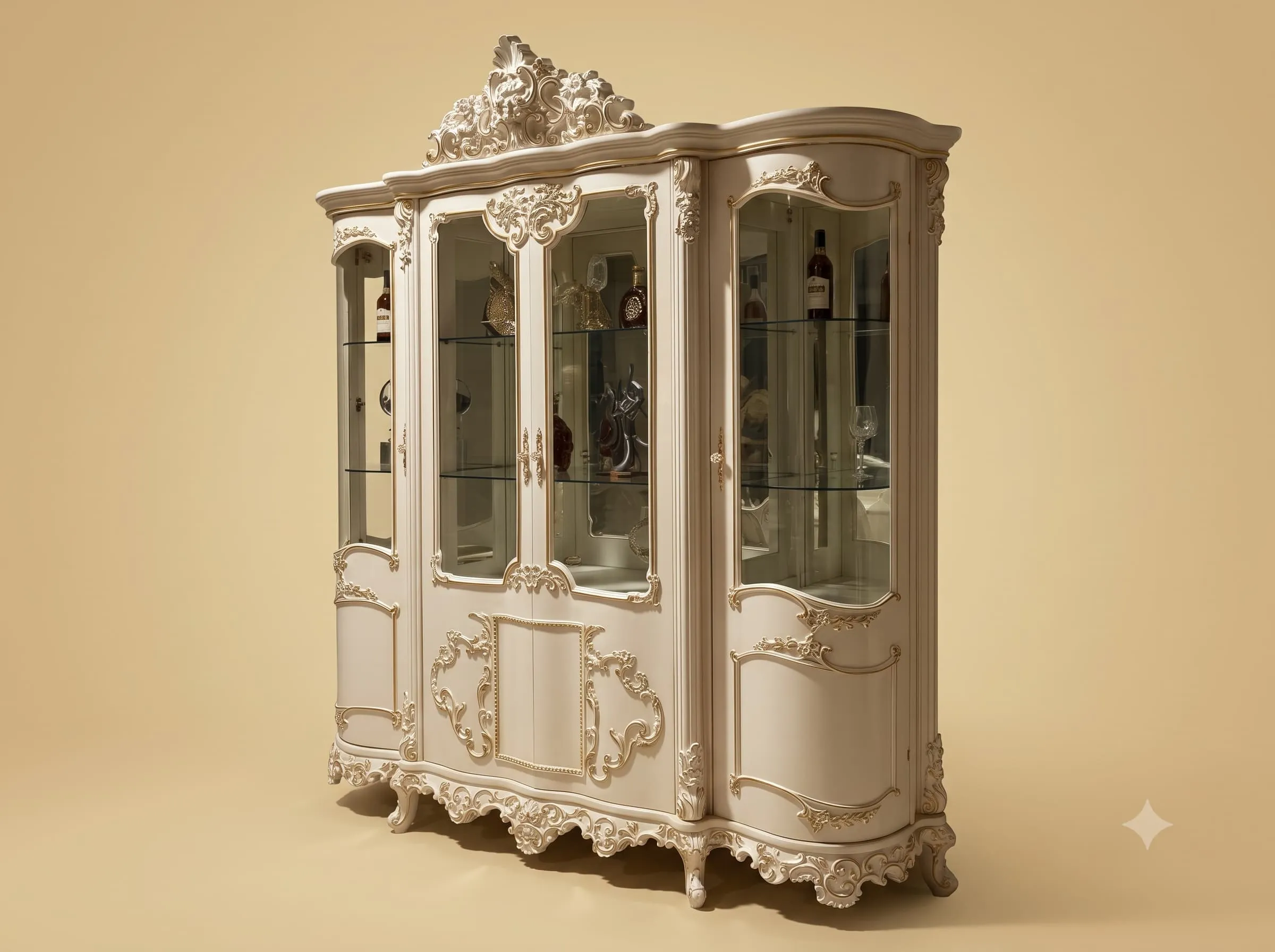 Designer Showcase in Carved Teak with Curved Glazed Ends