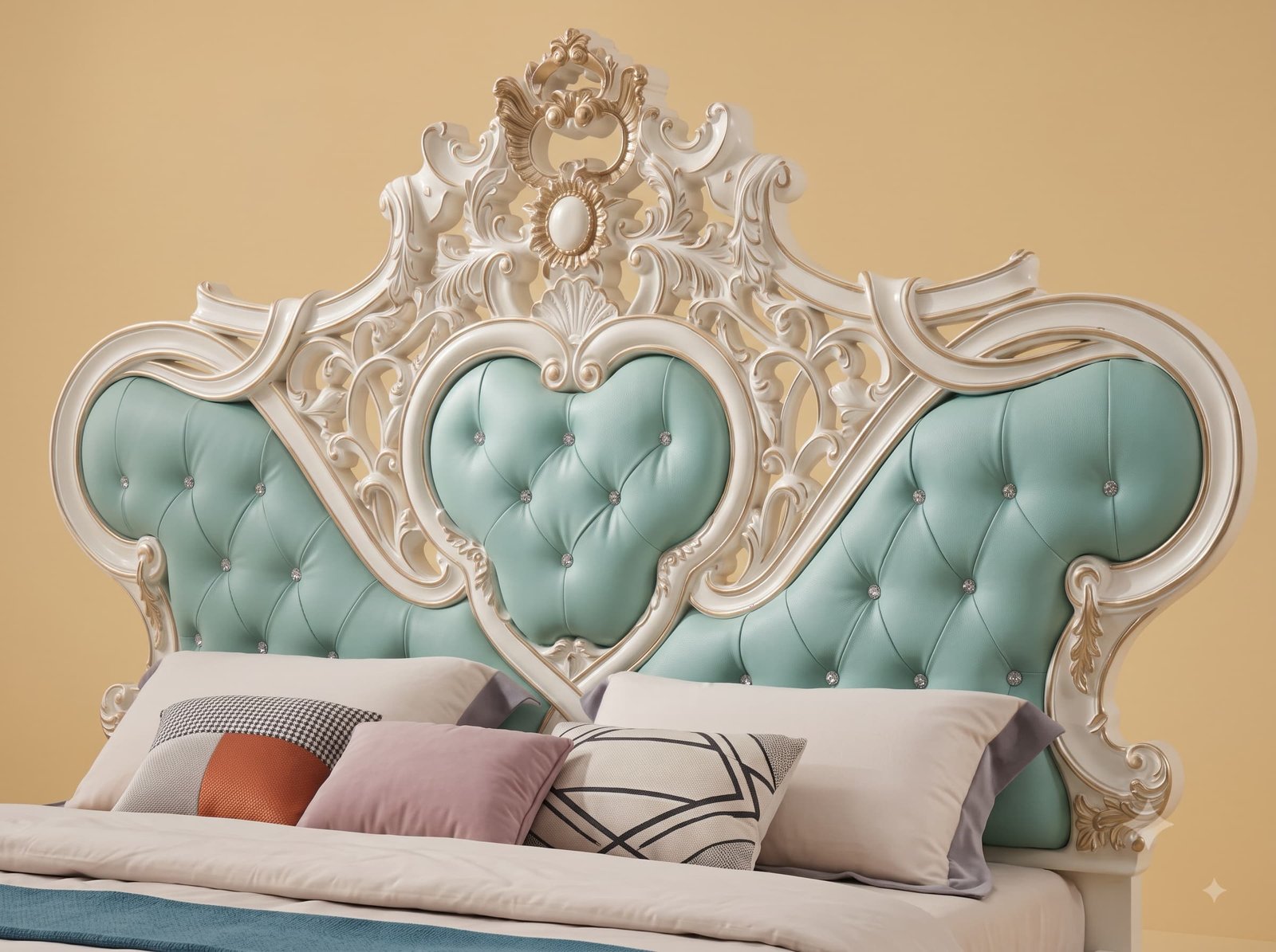 Mint Green Bed in Carved Teak - White Frame with Heart Headboard - Image 4