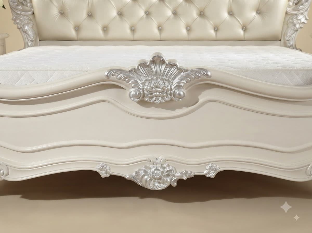 White and Silver King Size Bed - Carved Teak with Silver Leaf Detail - Image 3