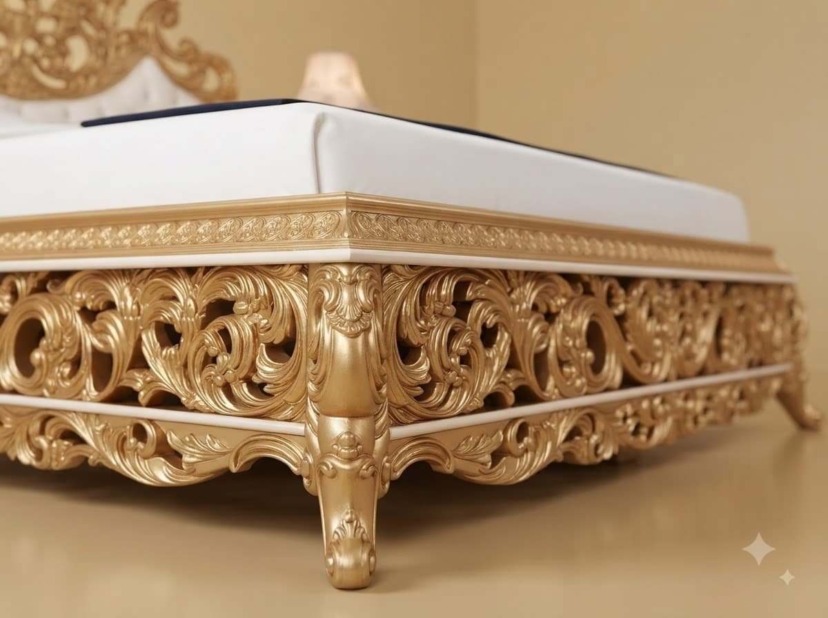 Gold Carved King Size Bed - Pierced Openwork Headboard and Footboard - Image 2