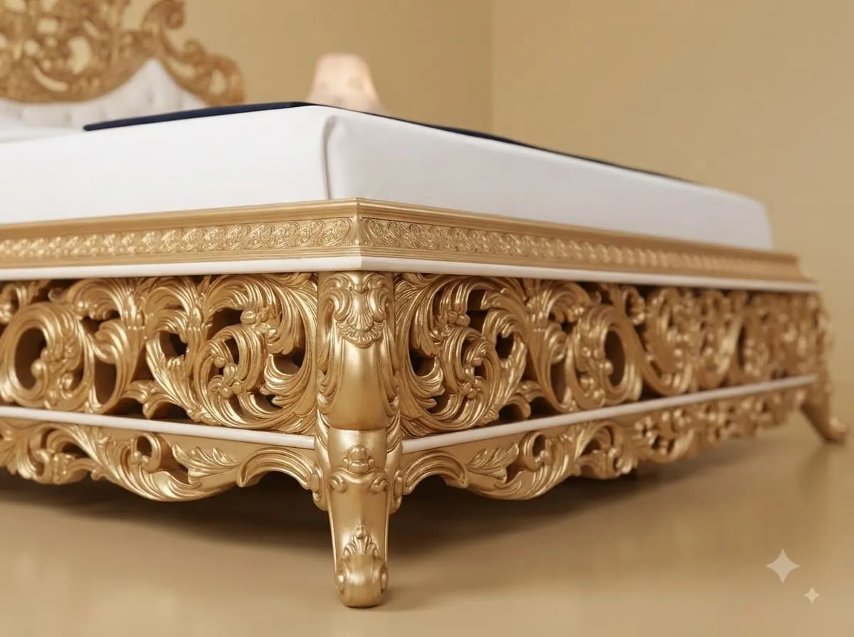 Gold Carved King Size Bed - Pierced Openwork Headboard and Footboard