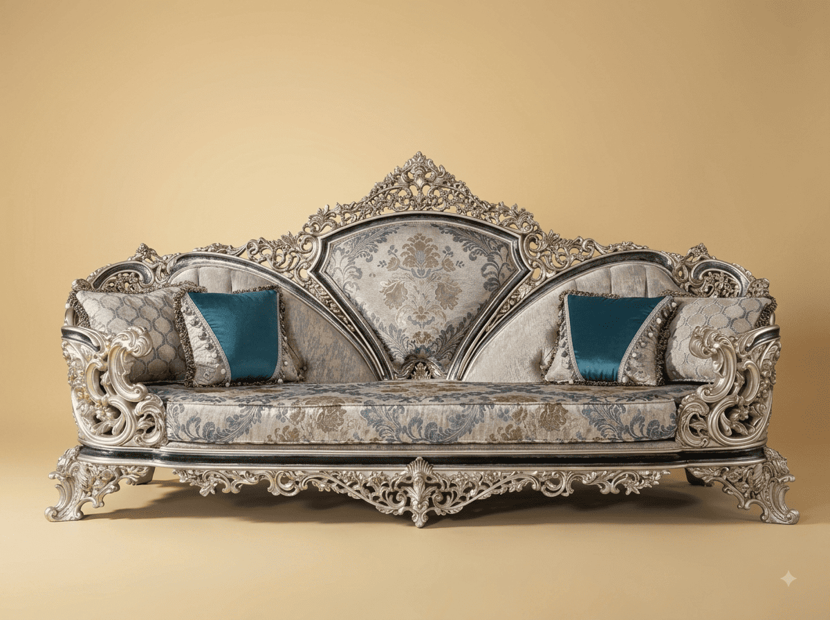 Royal Luxury Handcrafted Carved Teak Sofa | Antique Silver Baroque Frame