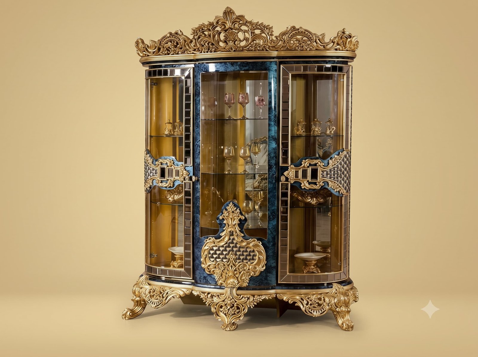 Showpiece Cabinet in Carved Teak with Blue Marbled Panels