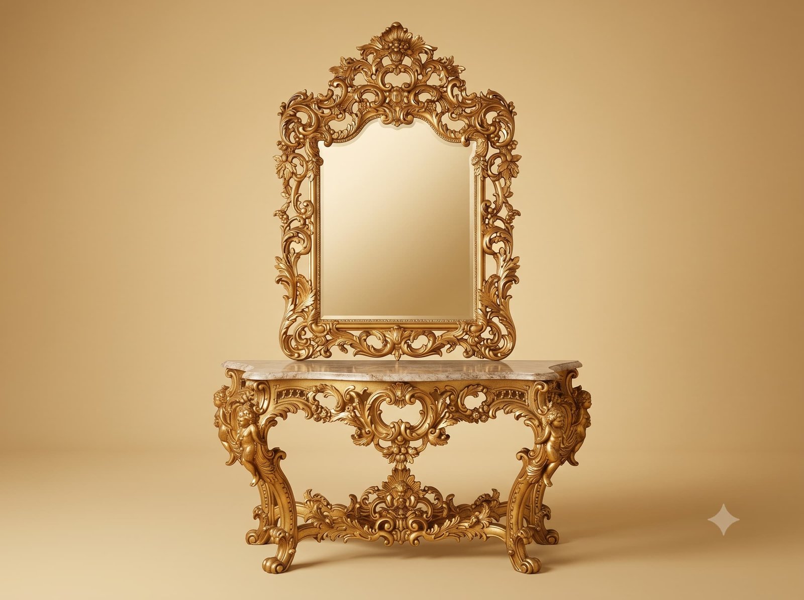 Wooden Console Table with Carved Figures and Arched Mirror