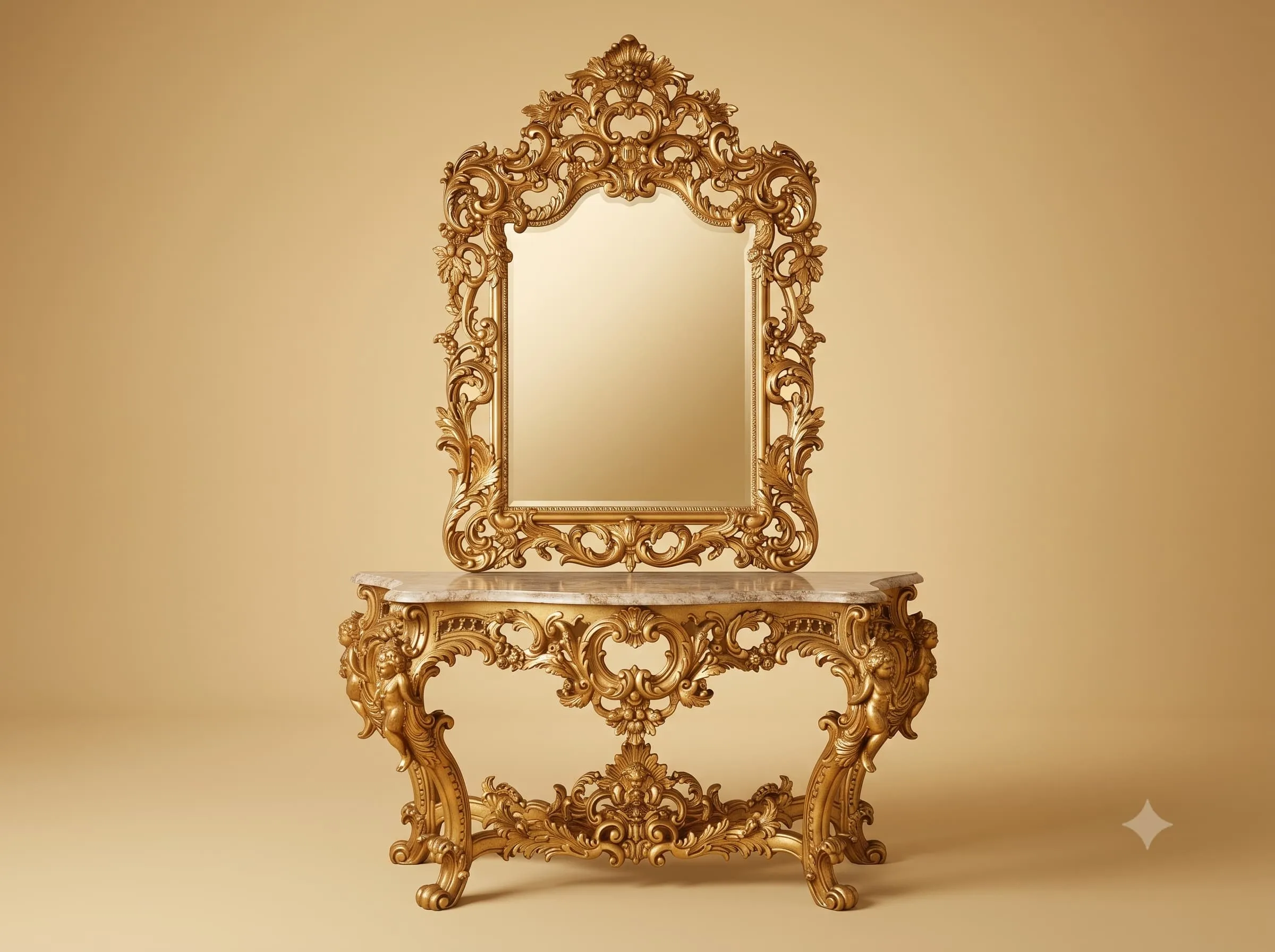 Wooden Console Table with Carved Figures and Arched Mirror