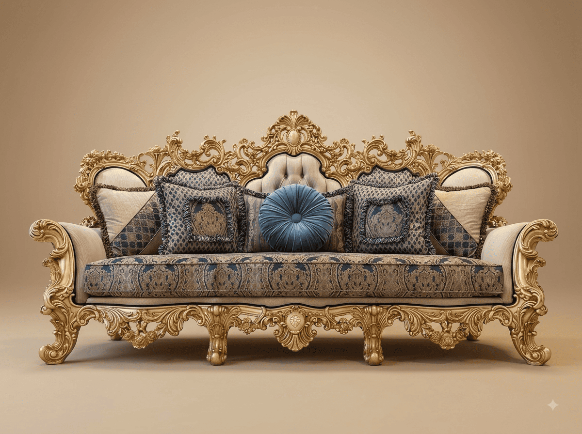 Royal Luxury Handcrafted Carved Teak Sofa | Gold Ivory and Blue Damask