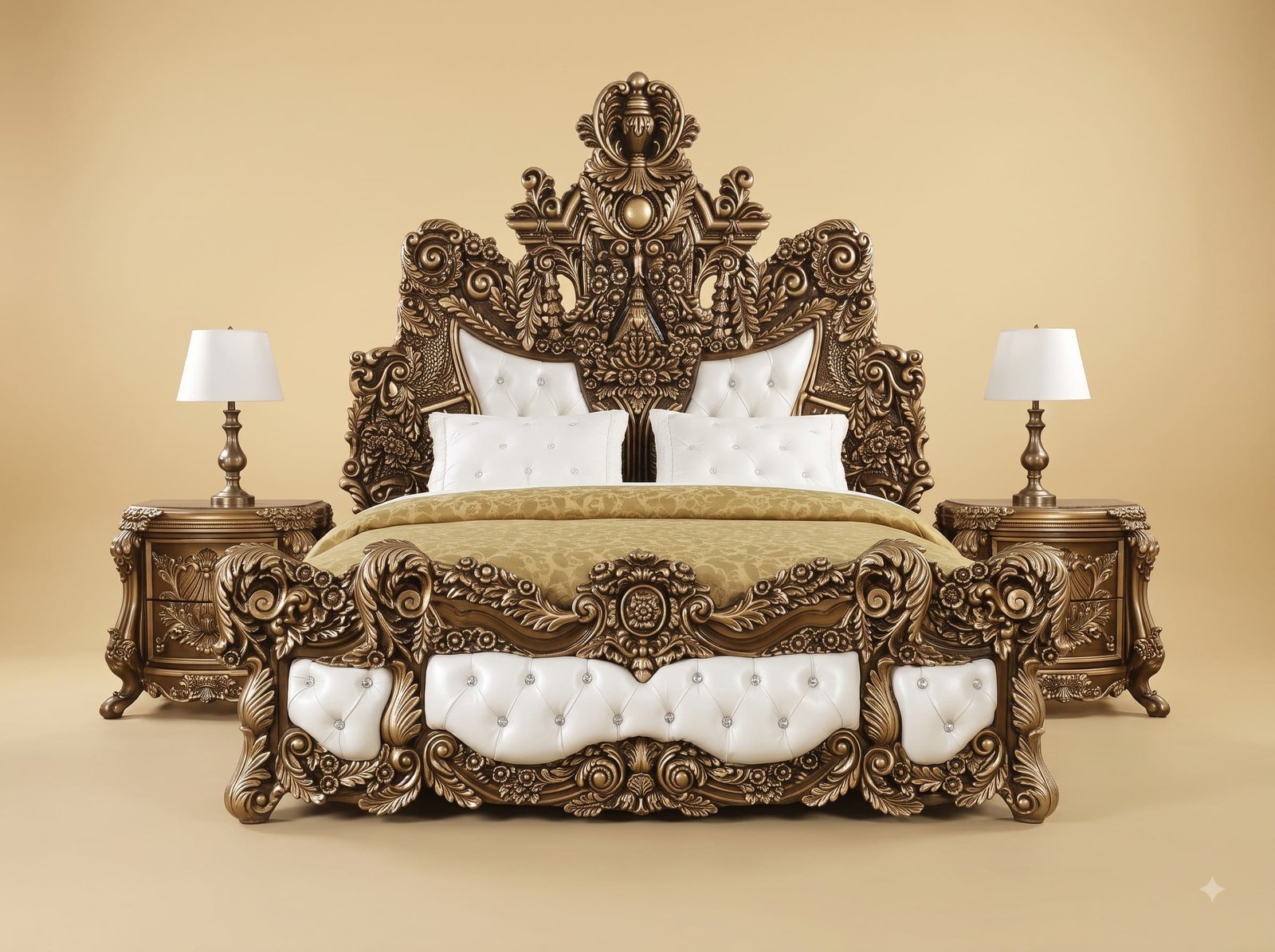 Royal Luxury Handcrafted Carved Teak Upholstered Bed | Antique Gold and White Tufted