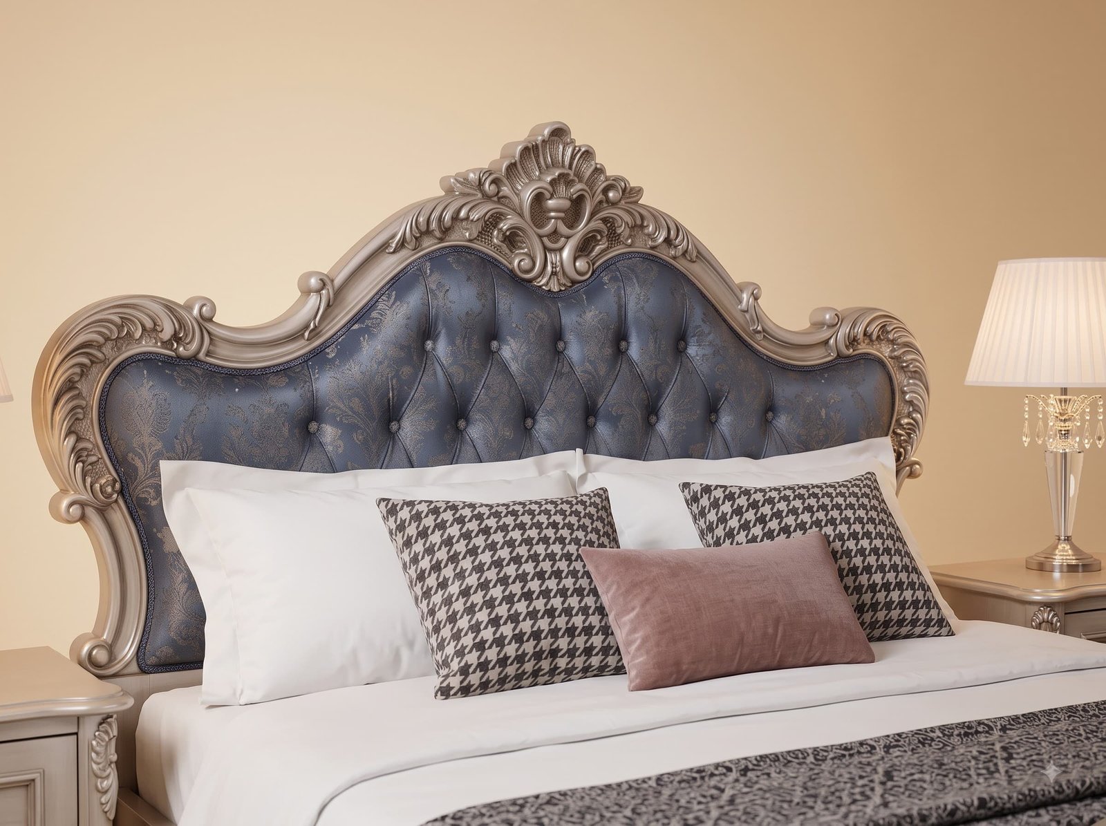 Blue Upholstered King Size Bed in Teak - Silver Carved Damask Frame - Image 4
