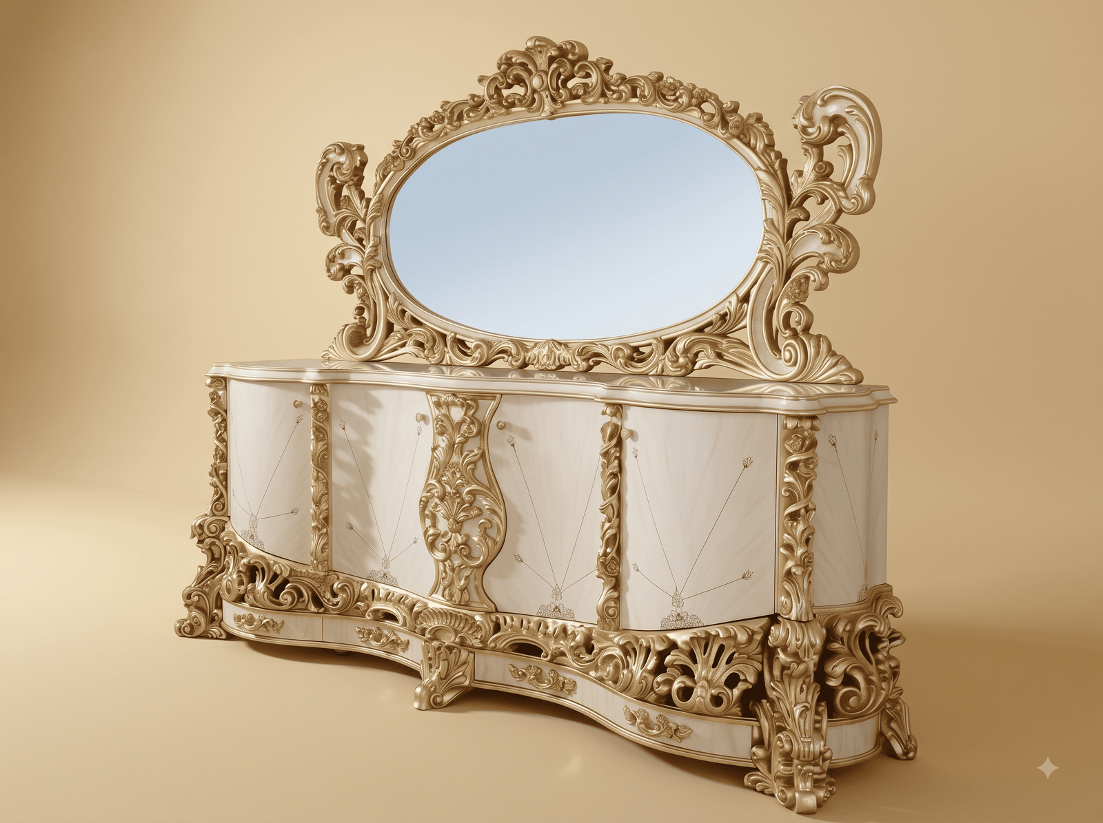 Dressing Table Cabinet in Carved Teak - Ivory and Gold with Oval Mirror