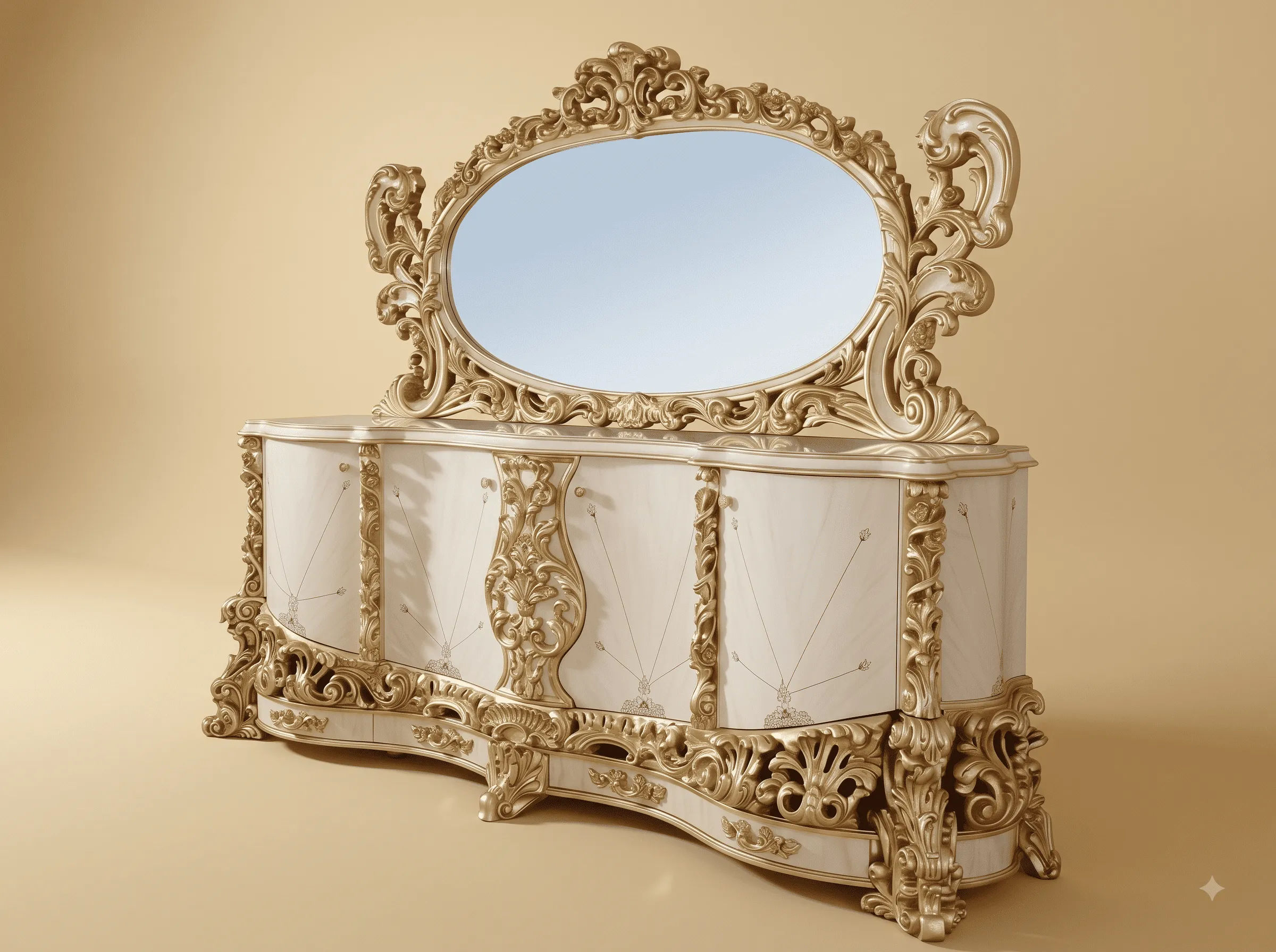 Dressing Table Cabinet in Carved Teak - Ivory and Gold with Oval Mirror