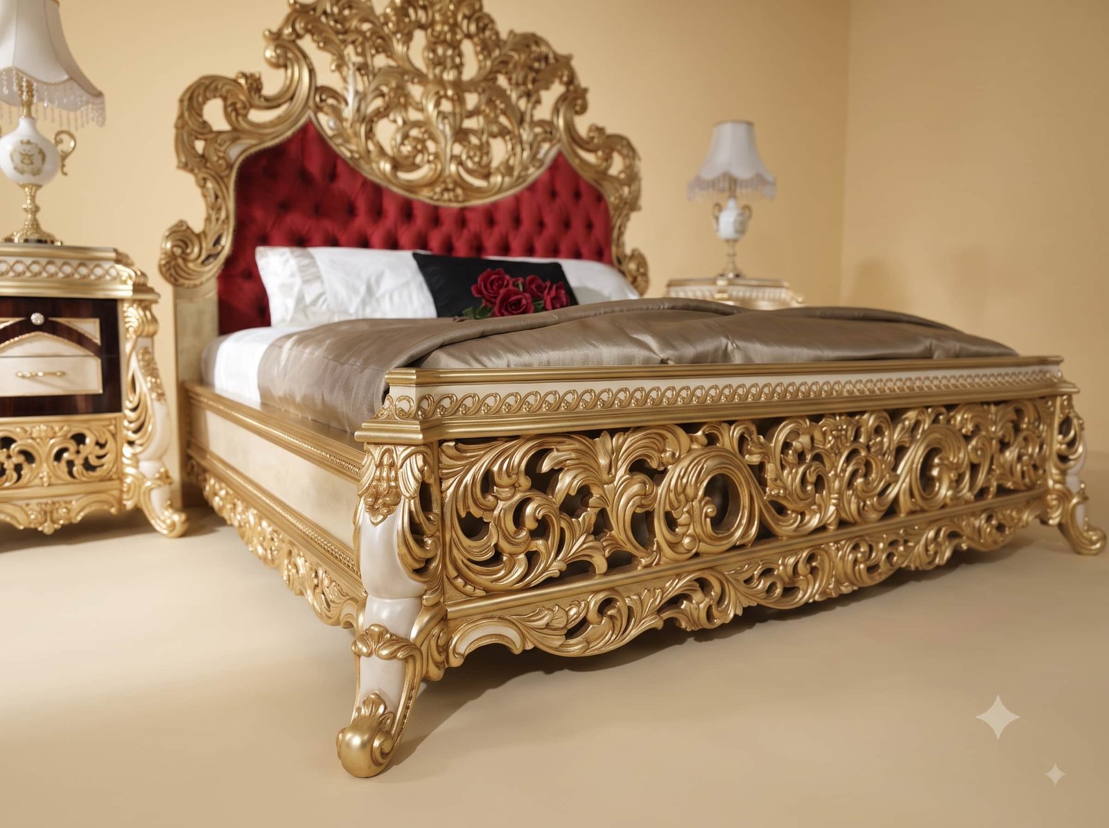Red Velvet Bed in Carved Teak - Gold Openwork Footboard and Crest - Image 2